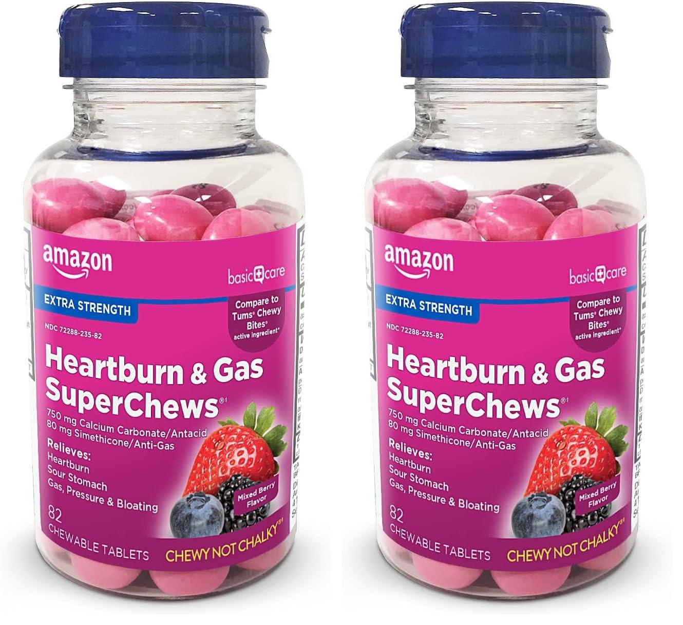 Amazon Basic Care Amazon Basic Care Heartburn & Gas SuperChews Chewable Tablets, Mixed Berry, 82 Count (Previously SoundHealth) (Pack of 2)