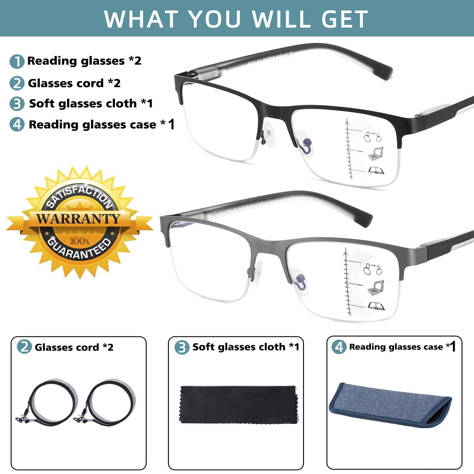 JCUANGR Bifocal Reading Glasses for Men, No Line Bifocals Progressive MultiFocus Readers, Wide Clear Top Transition Non Prescription Multifocal Eyeglasses,Large Anti Blue Light Multi focals Half Frame +1.0