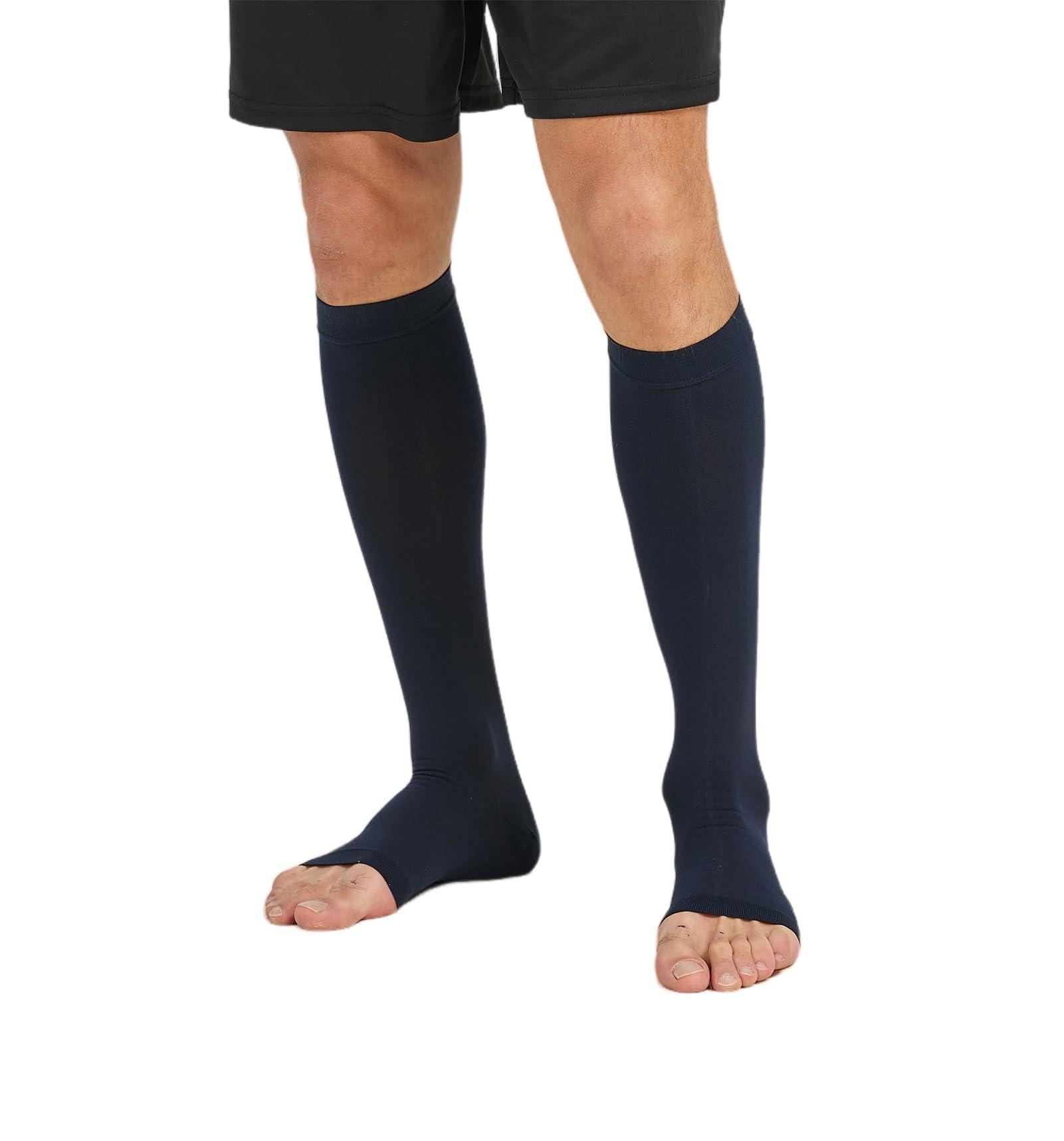 MGANG MGANG 20-30 mmHg Compression Stocking for Men and Women, Medical Compression Socks, Knee High Length, Open Toe, for DVT, Varicose Veins, Relief Shin Splints, Edema, Navy Blue X-Large