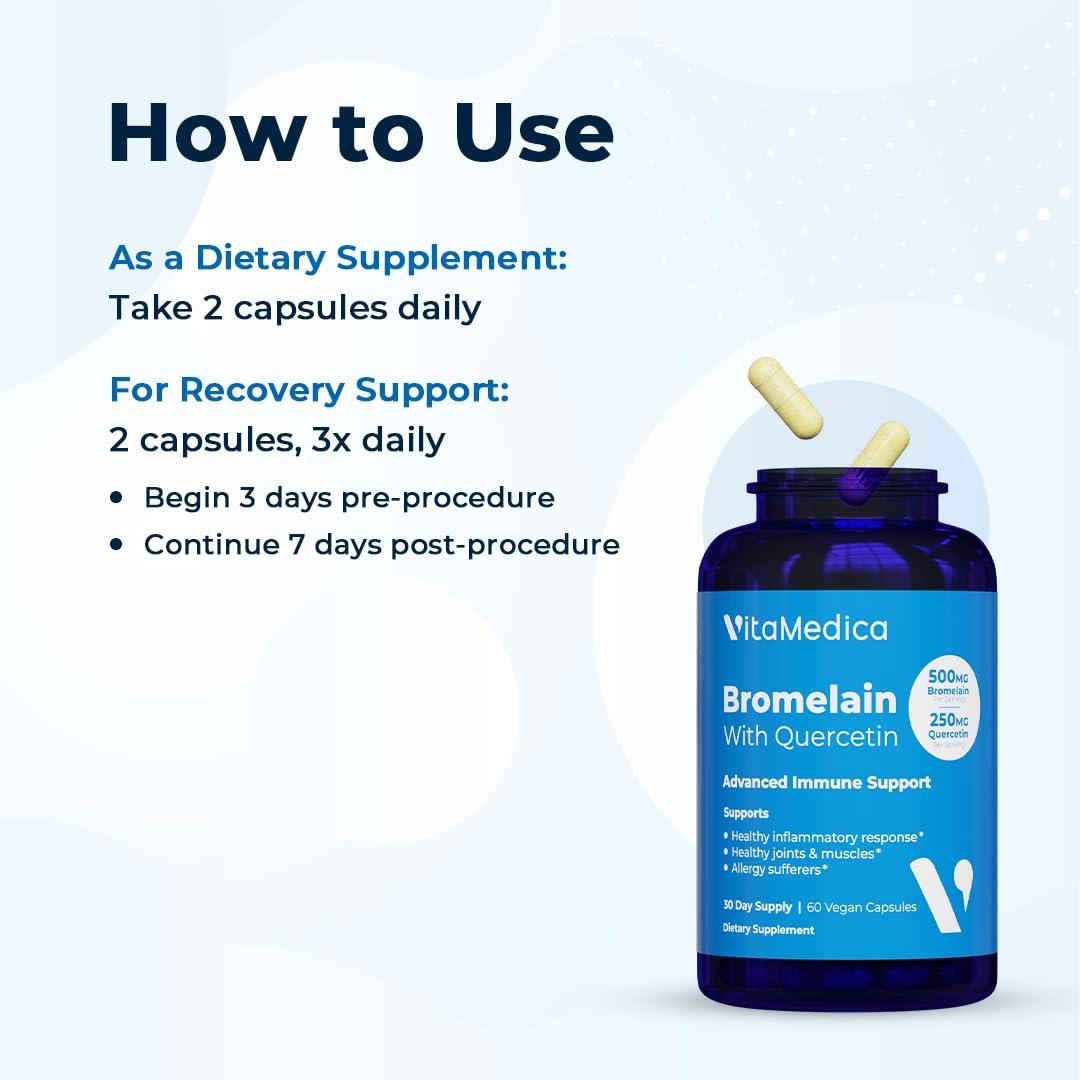 VitaMedica VitaMedica Bromelain & Quercetin Supplement - 500mg Bromelain 250mg Quercetin - 2400 GDU for Immunity, Joint Support, Inflammation and Muscle Recovery - 60 Vegan Capsules - 30 Servings