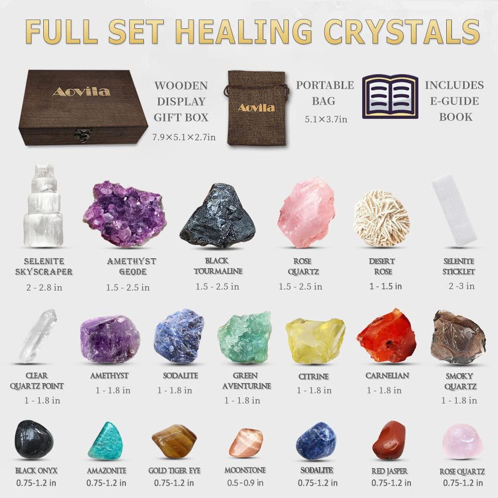 Aovila Premium Crystals and Healing Stones Set in Wooden Box Healing Crystals Set for Beginners - Chakra Stones Raw Crystals and Stones Amethyst Cluster Rose Quartz e-Book Healing Crystal Gifts for Women