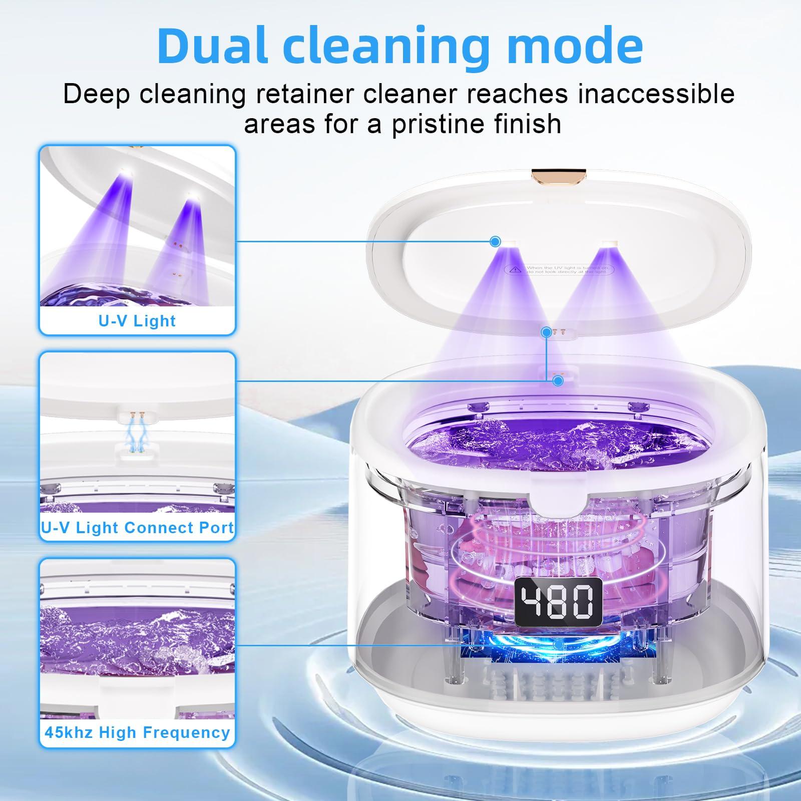 VIVIZEN Ultrasonic Retainer Cleaner, Sonic Dental Cleaning Pod, Portable 30W/45kHz Machine for Dentures, Aligners, Braces, Mouth Guards, Jewelry (White)