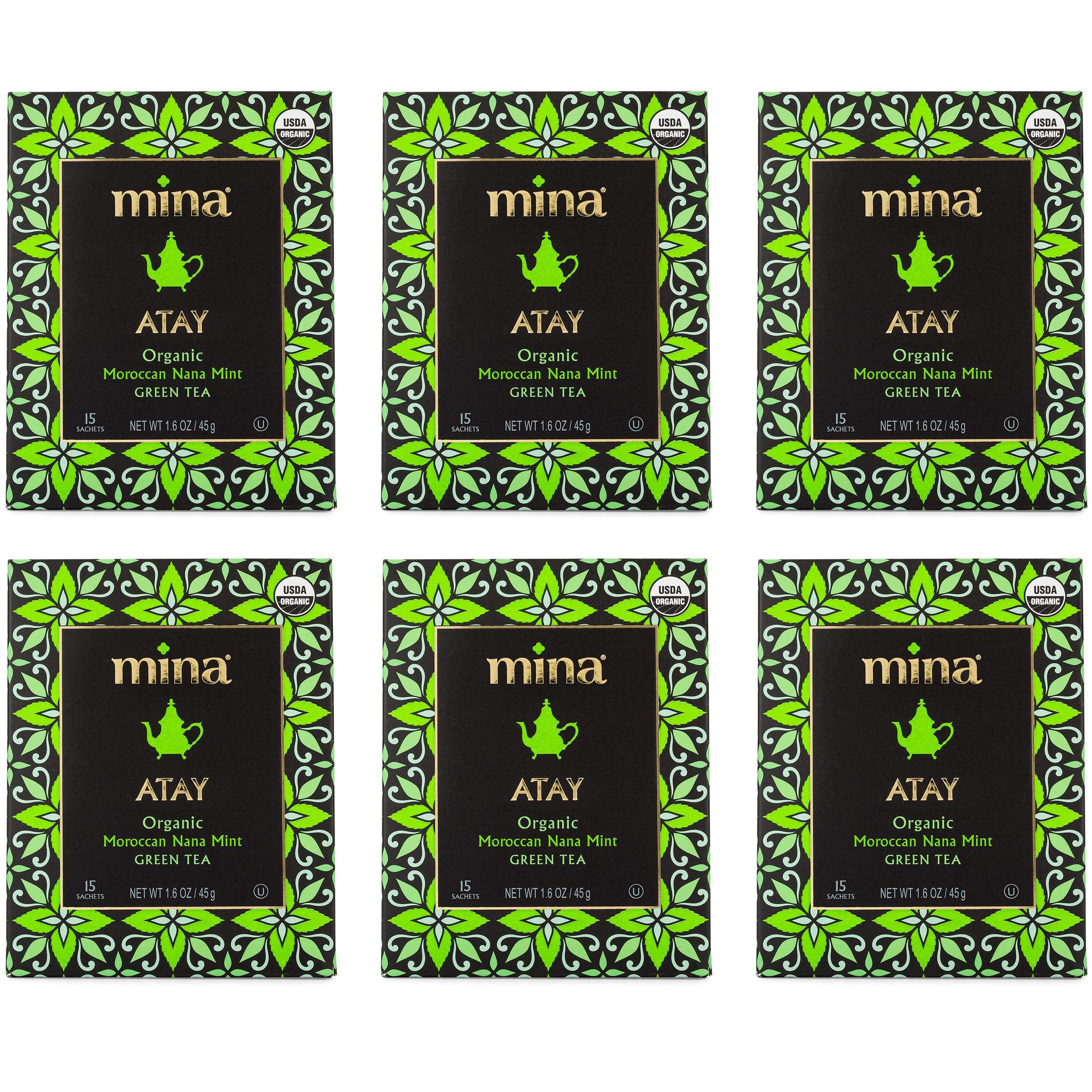 Mina Mina Atay Organic Moroccan Nana Mint Green Tea, 15 Biodegradable Sachets (Pack of 6) - Refreshing Moroccan Mint Tea Bags, Green Tea, Moroccan Mint Green Tea Bags, Low in Caffeine