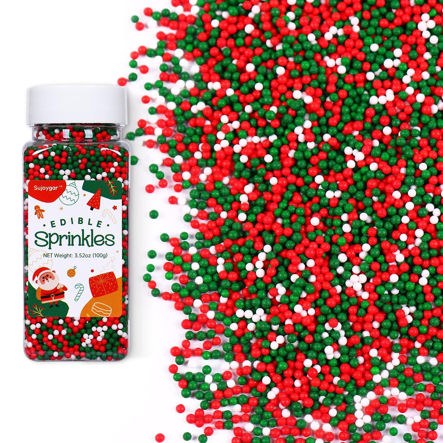 Sujoygar Christmas Nonpareils Sprinkles, 3.52oz Christmas Sprinkles for Cake Decorating, Edible Round Sprinkles for Cupcake Toppers Baking Cookie Ice Cream Dount Chocolate, Food Grade
