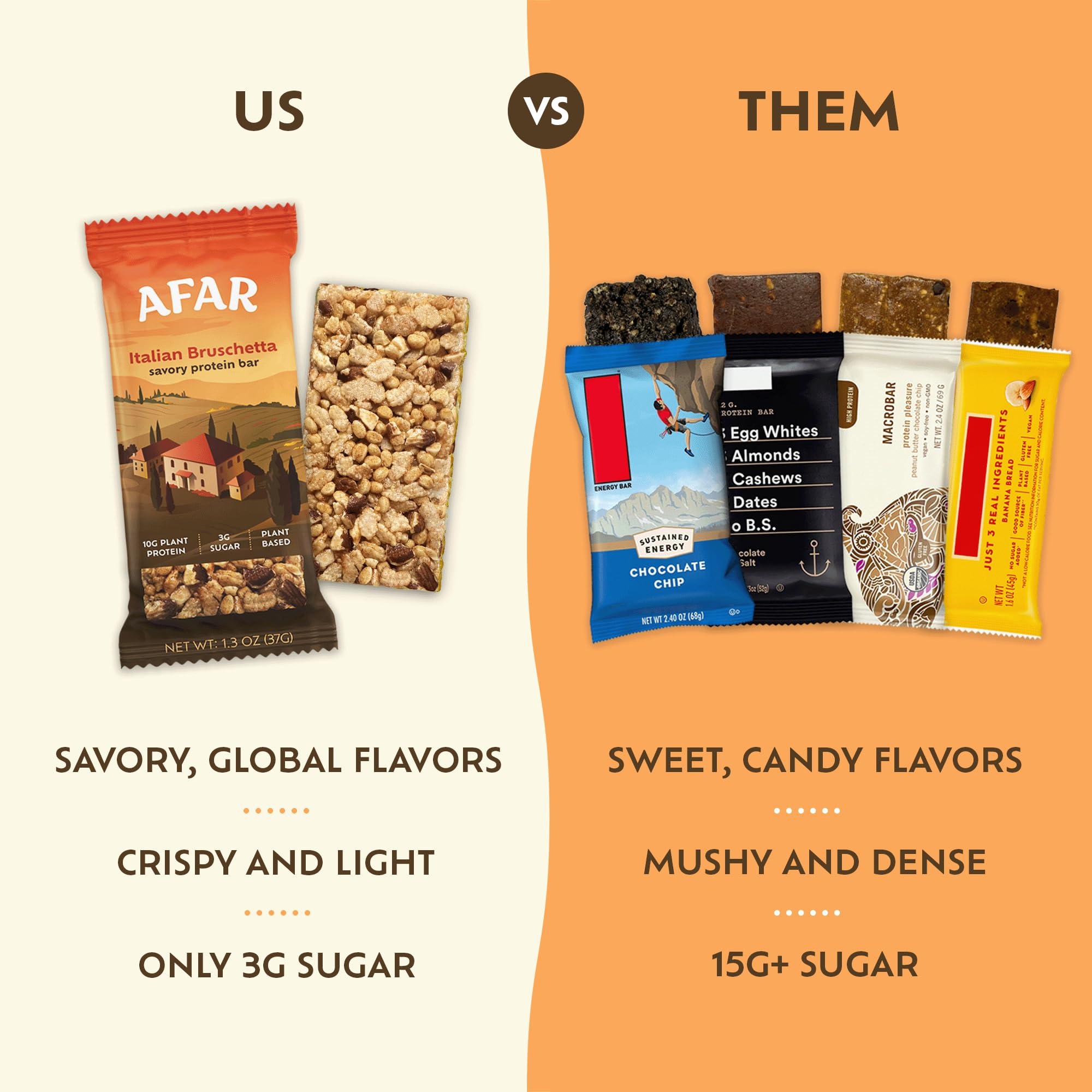 Afar Afar Savory Protein Bars Low Sugar, High Protein Healthy Snack for Adults Meal Replacement Bar Rice Crispy Texture Vegan, Gluten Free 8 Bars (Italian Bruschetta)