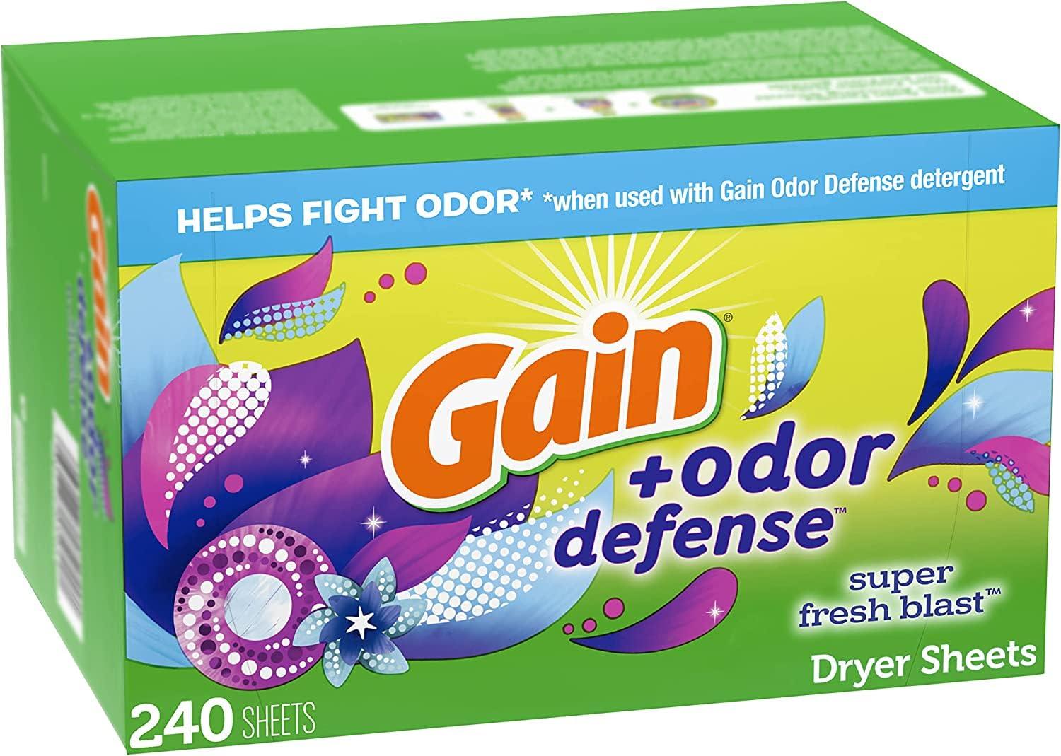 Gain Gain + Odor Defense Dryer Sheets, Super Fresh Blast Scent Fabric Softener Sheets, 240 ct (Pack of 2)