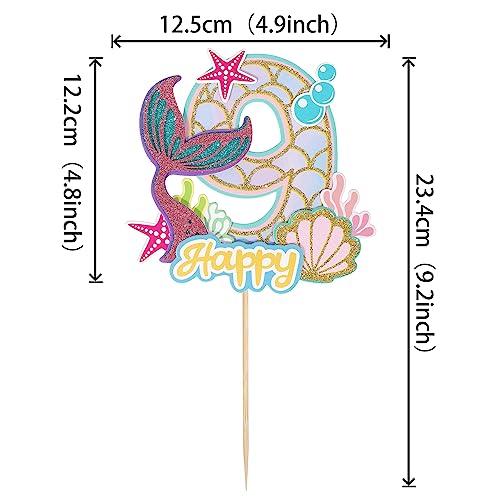 YCTHUNFISH 1 Pack Mermaid Cake Topper 9th Birthday Cake Pick Happy Birthday Ocean Sea Creature Mermaid Cake Decoration for Kids Nine Birthday Baby Shower Summer Party Supplies