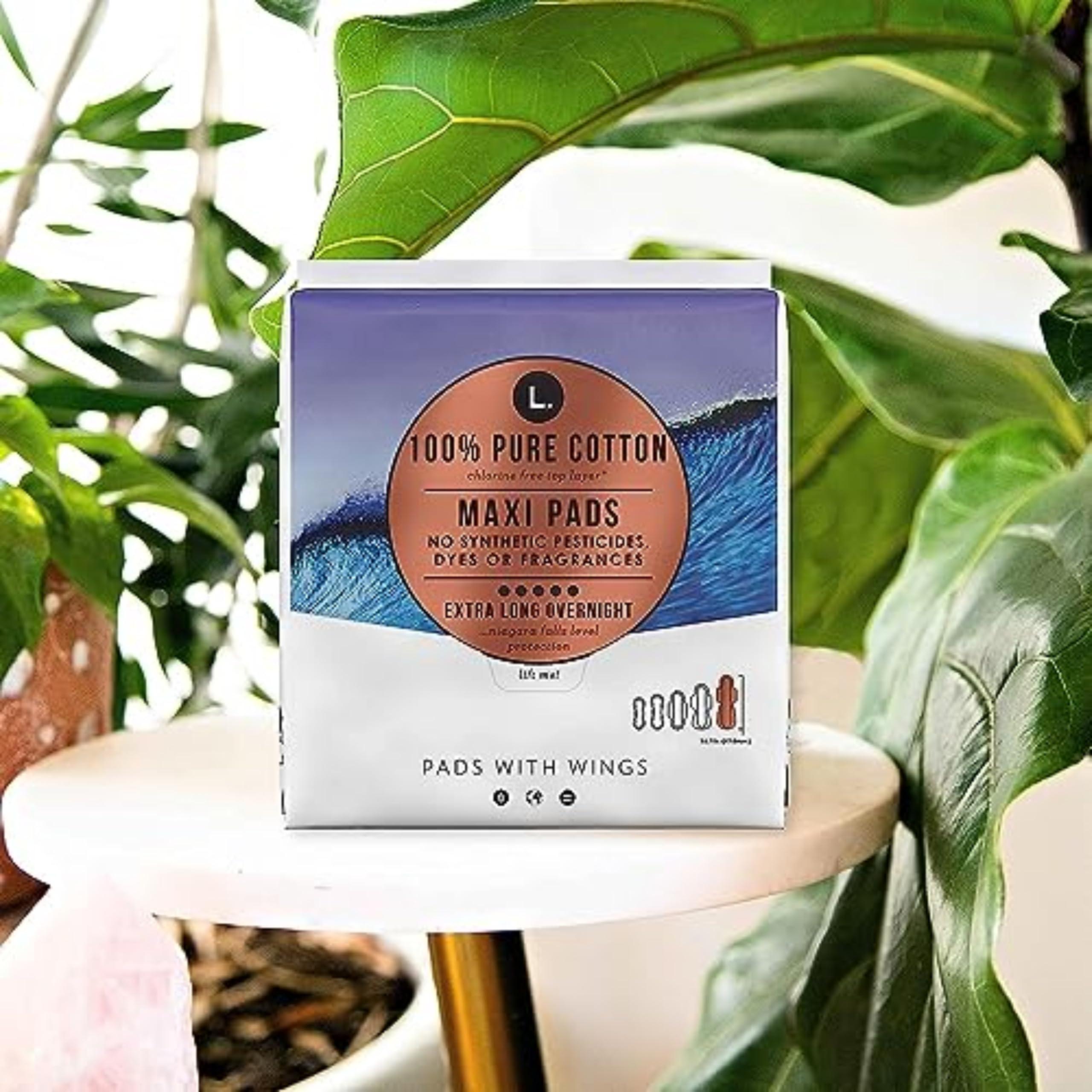 L. L. Pure Cotton Topsheet Pads for Women, Extra Long Overnight Pads, Maxi Pads with Wings, Unscented Menstrual Pads, 28 Count x 2 Packs (56 Count Total) (Packaging May Vary)