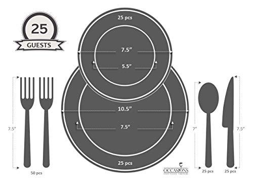 OCCASIONS FINEST PLASTIC TABLEWARE " OCCASIONS " 150pcs set (25 Guests)-Wedding Plastic Plates & cutlery -Disposable heavyweight Dinnerware 10.5'', 7.5'' + Silverware w/double fork (Lace Ivory & Gold)