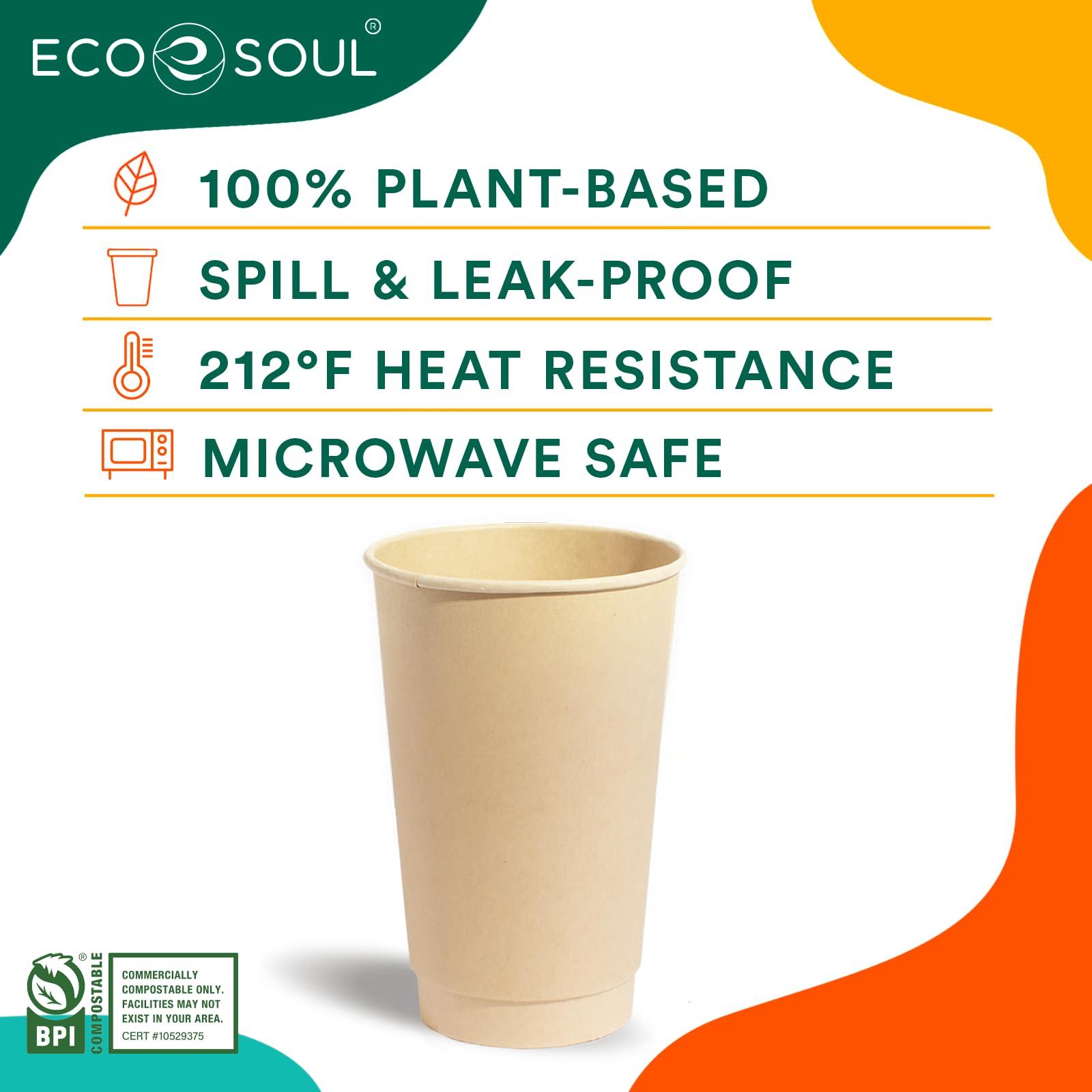 ECO SOUL ECO SOUL 100% Compostable Plant-Based (PFAS-Free) 16oz Hot Cups | (100 Count, 16 oz Hot Cups) | Disposable Bagasse Paper Cups | Eco-friendly Cups | Sturdy, Microwave & Oven Safe