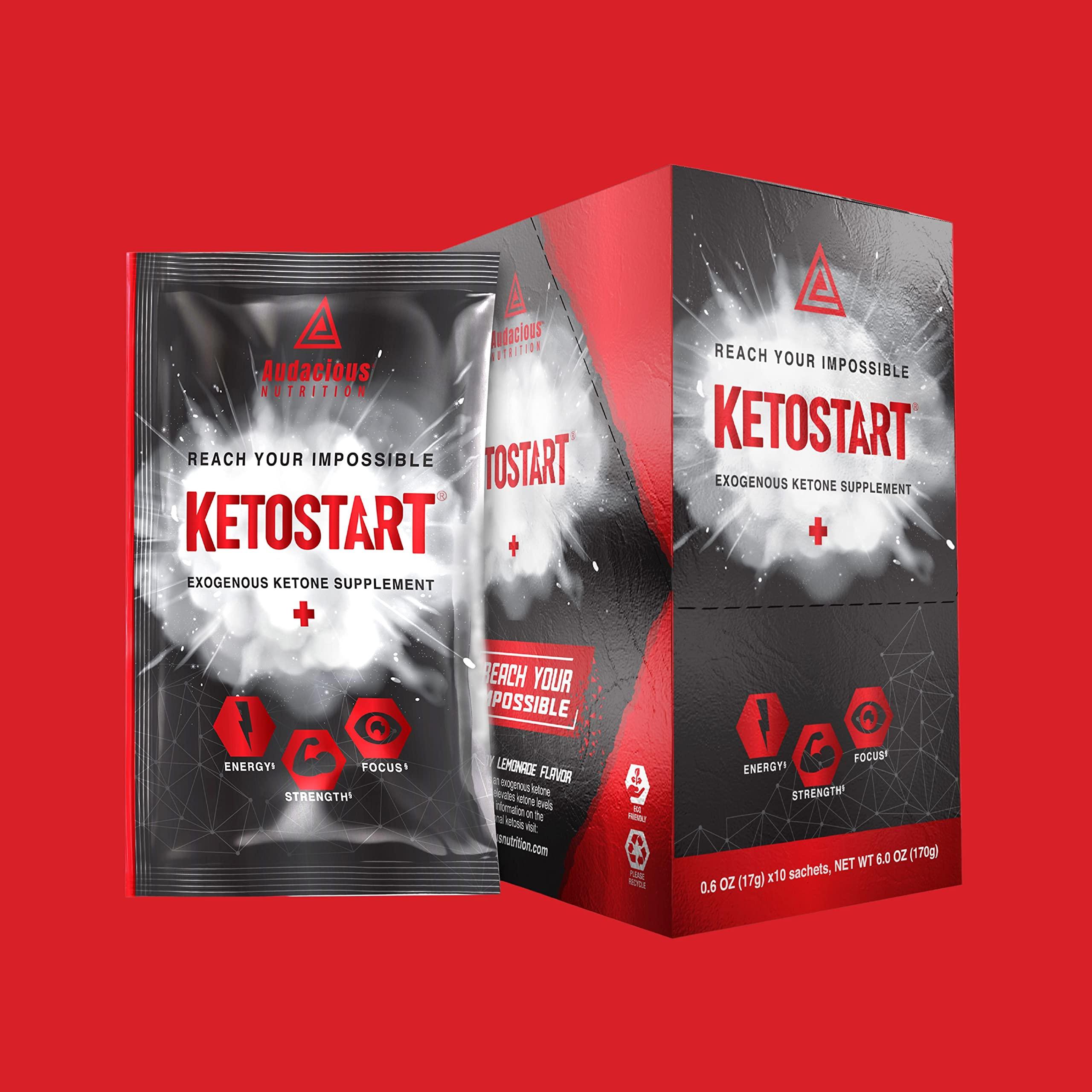 Audacious Nutrition Audacious Nutrition KetoStart+ | Exogenous Ketones Powder with Electrolytes for Energy, Strength & Focus | with Caffeine | Raspberry Lemonade Flavor Electrolyte Powder (10x Ketones Drink Mix Packets)