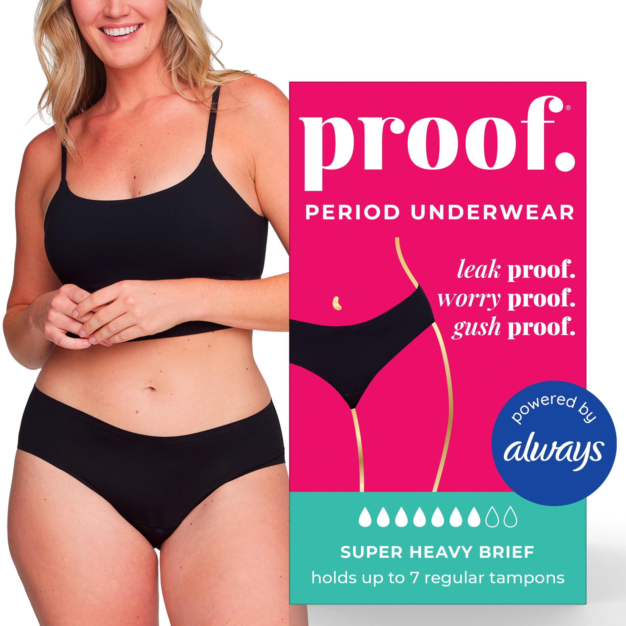 Proof. Proof. by Always Brief, Super Heavy Absorbency Period Underwear for Women - Holds up to 7 Regular Tampons - Washable Leakproof Period Panties - XL, Black