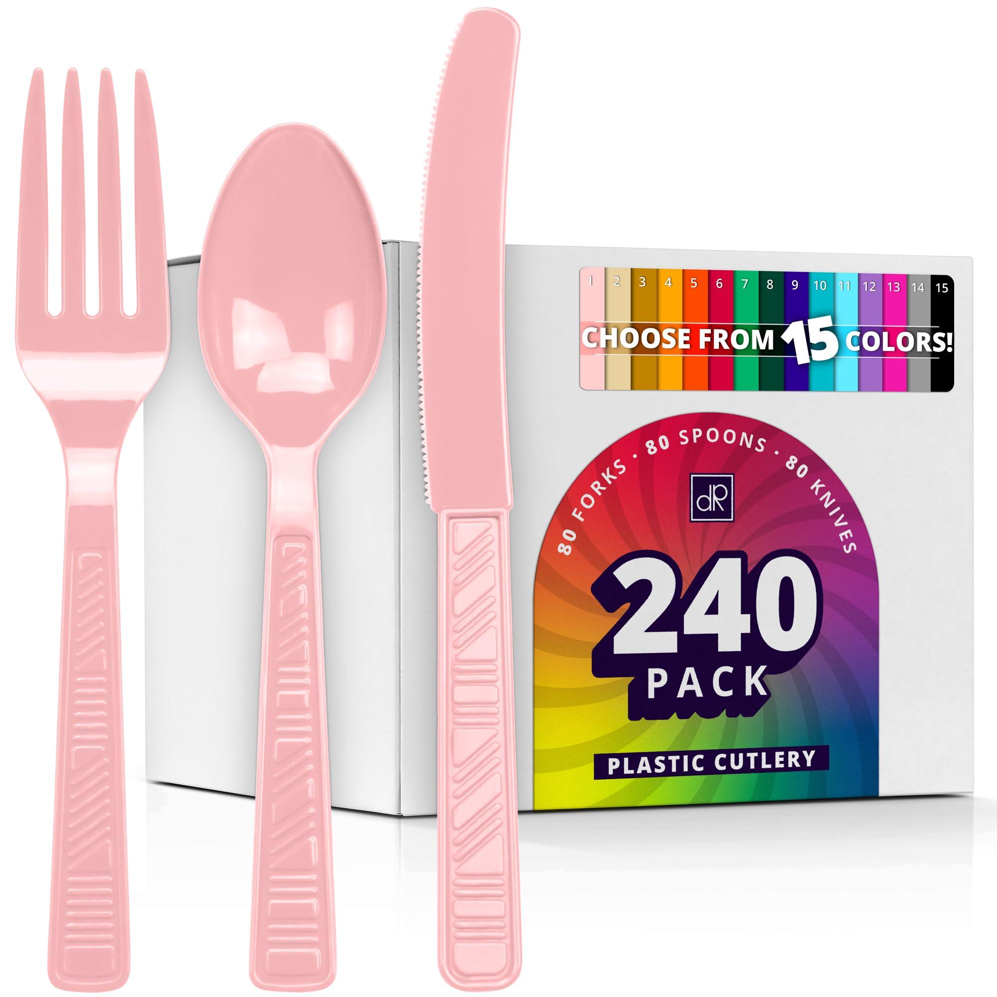 DecorRack DecorRack Plastic Cutlery Set, Light Pink Plastic Silverware Sets for Parties, 240 Piece Bulk Heavy Duty Plastic Utensils Set (Light Pink, 240 Pieces)