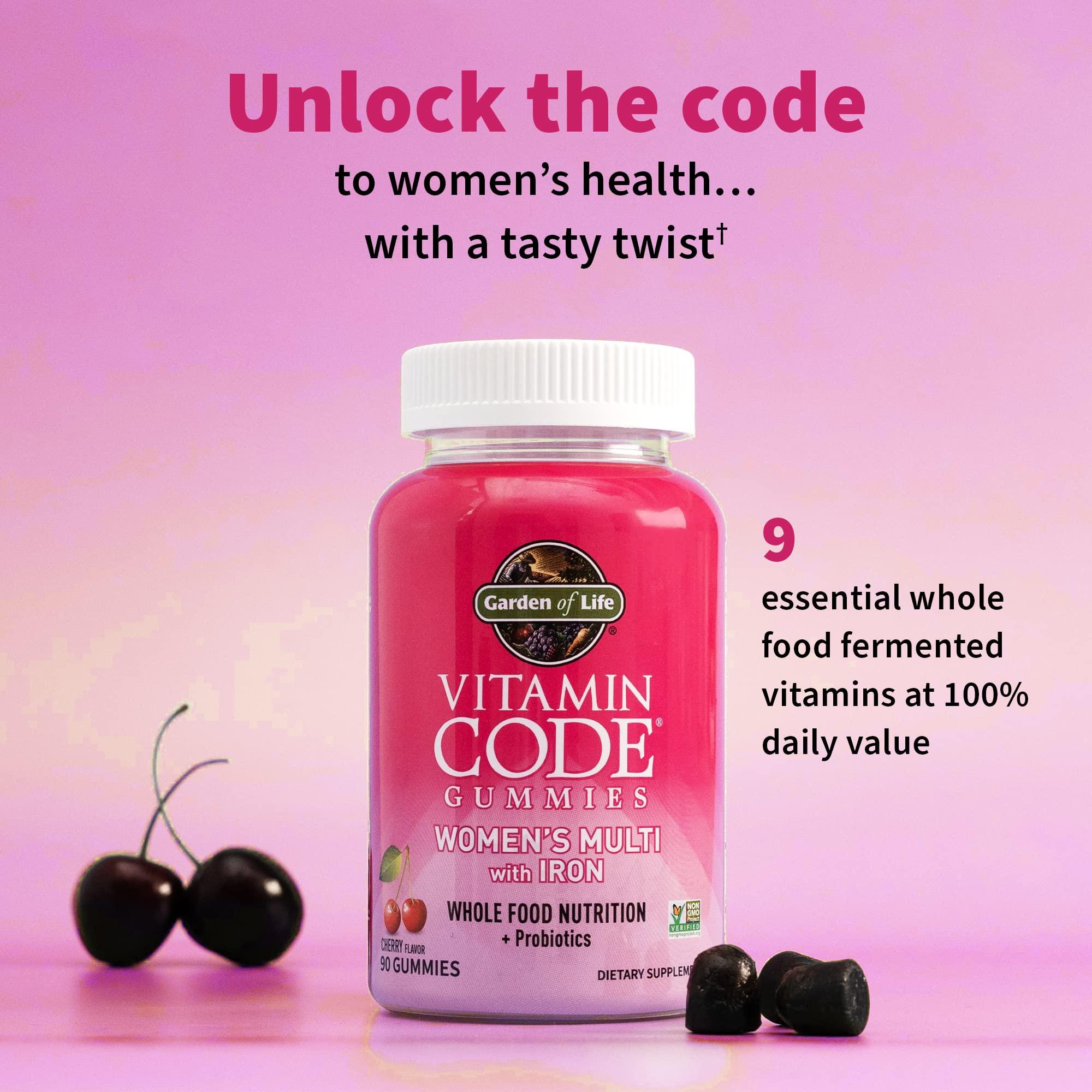 Garden of Life Womens Multivitamin Gummy with Iron: Folate, Biotin, D3 & B12 for Hair, Skin & Nails + Probiotics for Immune Health & Digestion, Vitamin Code, Non-GMO, Gluten-Free, 90 Cherry Gummies, 30 Day Supply