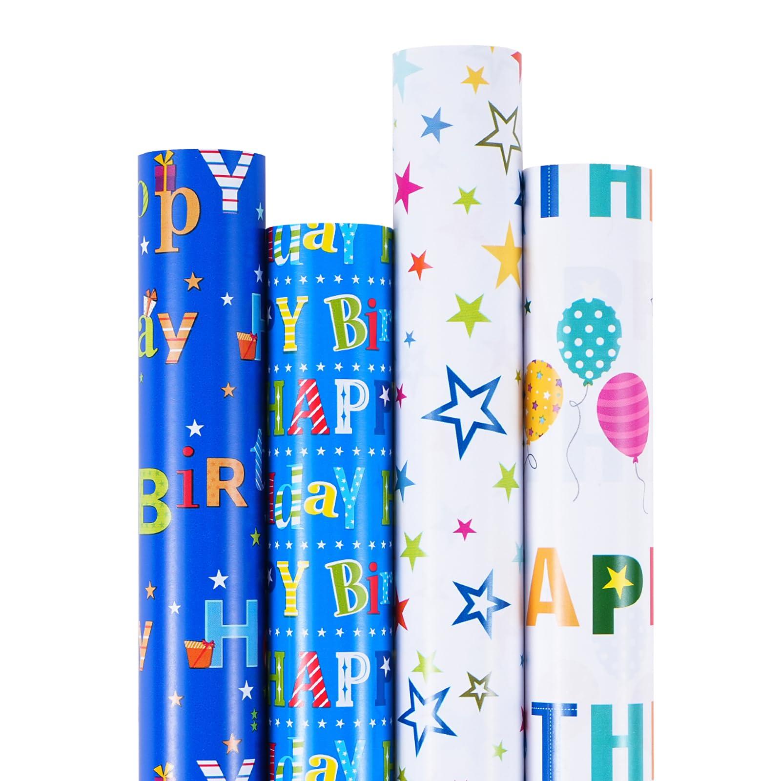 PlandRichW PlandRichW Birthday Wrapping Paper 4 Mini Rolls 17 x 120 for Kids Boys Girls, Colorful Happy Birthday Letters and Stars Design, Gift Wrapping Paper for Women Men Baby Shower Holiday