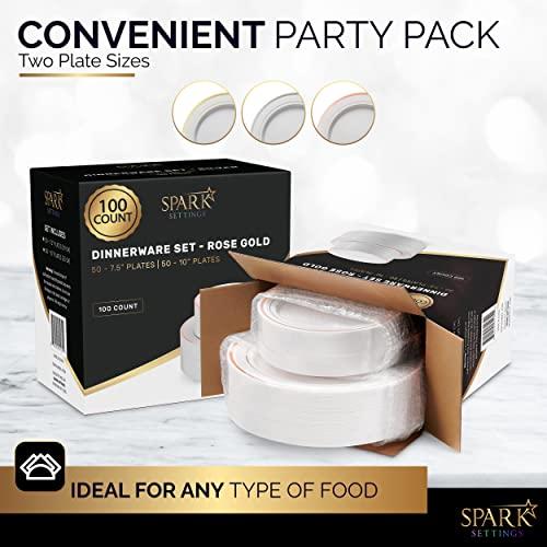 SparkSettings SparkSettings Rose Gold Plastic Plates For Party, 100 Pack Plastic Plates Disposable Wedding Plates 50 Elegant 10.25 Dinner Plates & 50 Sturdy 7.5 Dessert Party Plates Disposable Plates For Party