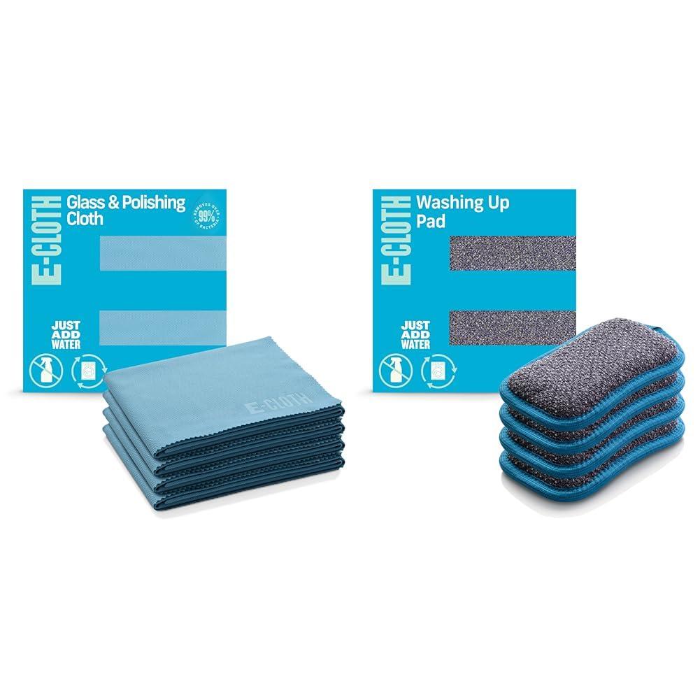 E-Cloth E-Cloth 4-Pack Glass & Polishing Cloth and 4-Pack Washing Up Pads - Reusable Microfiber Cleaning Cloths for Windows, Glass, Dishes