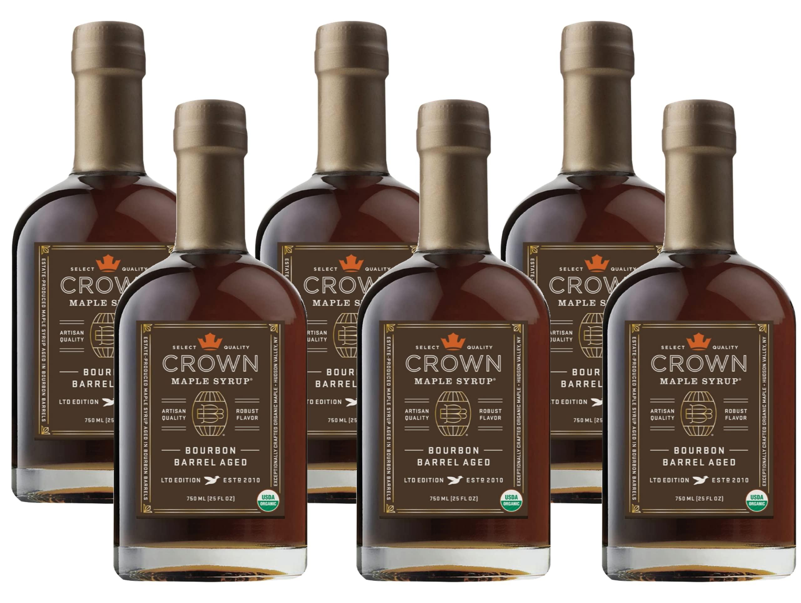 Crown Maple Crown Maple Bourbon Barrel Aged Organic Maple Syrup, Pancakes, Flavor Cocktails, Marinades and Sauces, 25 Fl Oz, (Pack of 6)