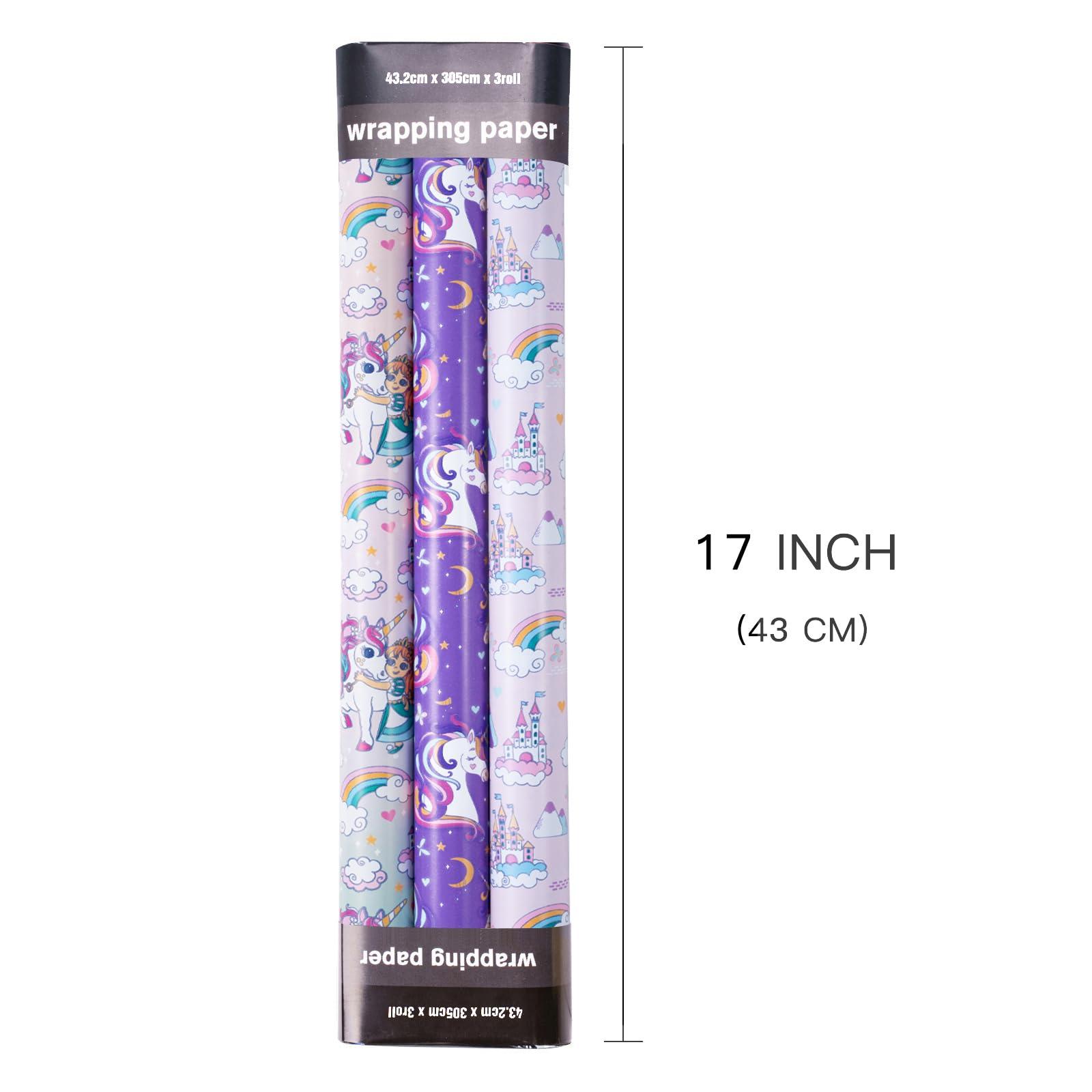 LeZakaa LeZakaa Unicorn Birthday Wrapping Paper Roll for Kids Girls Women, Purple Unicorn Wrapping Paper Rolls, Castle & Rainbow Gift Wrap for Birthday, Baby Shower Party Favor, 17 x 120 inches, 3 Rolls
