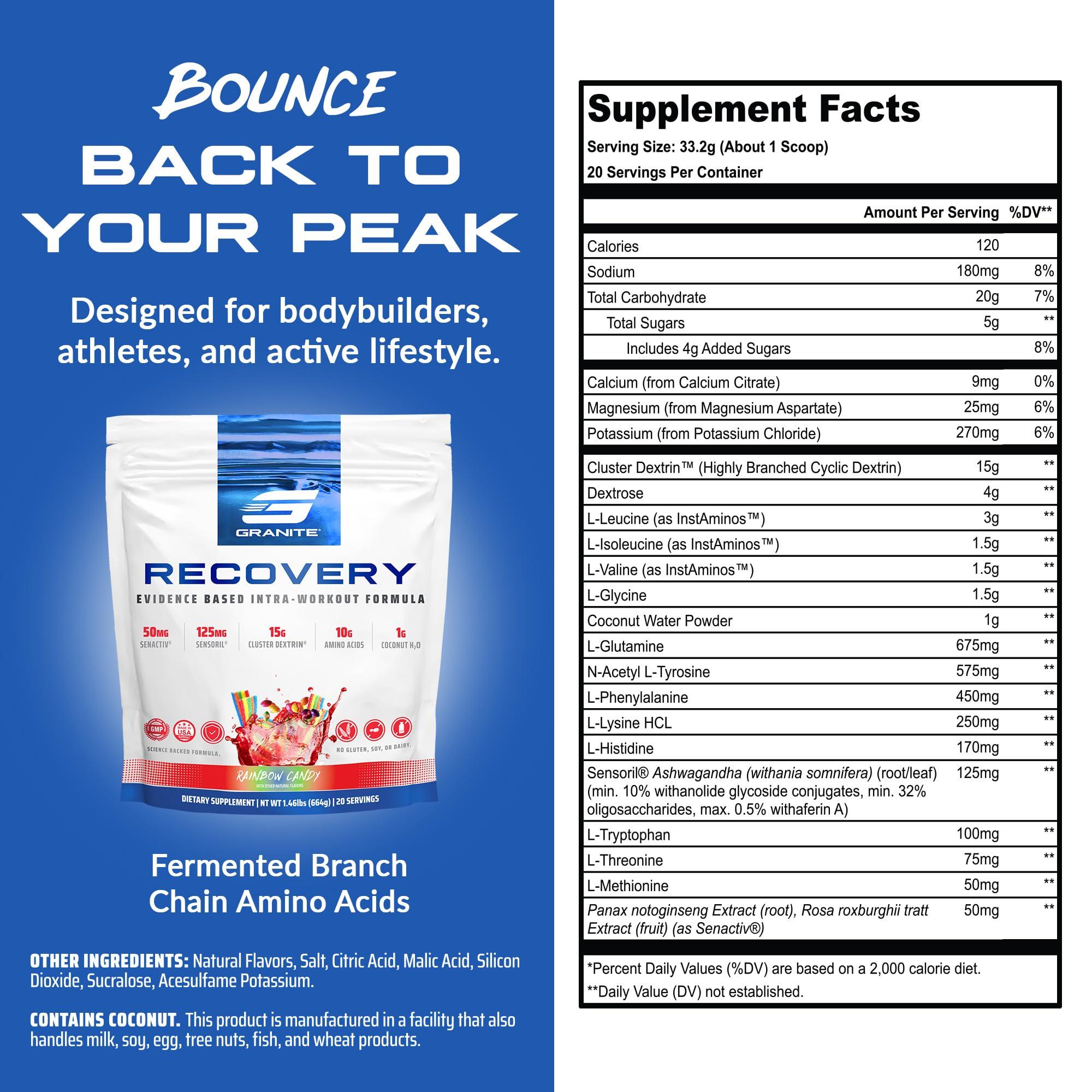 Granite Supplements Granite Recovery Intra and Post-Workout Supplement, Rainbow Candy Flavor, with 10g Aminos, Electrolytes, Cluster Dextrin, & Sensoril, Supports Muscle Recovery & Growth (20 Servings)