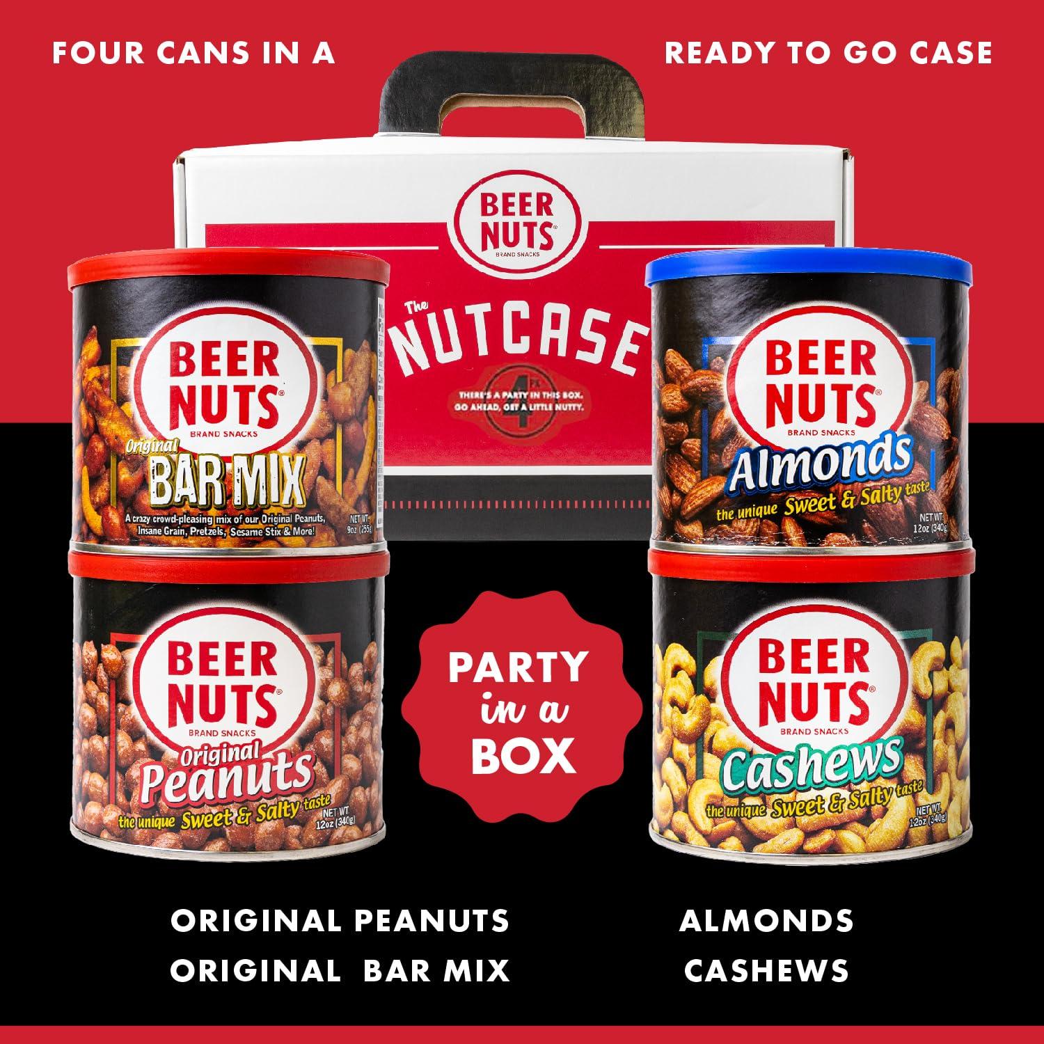 BEER NUTS Beer Nuts Brand Snacks, Original Nutcase, Perfect for Gifting, Original Peanuts, Original Bar Mix, Cashews, Almonds, Sweet & Spicy Bar Mix, Resealable Cans, Snackin\' Since 1953 (Pack of 4)