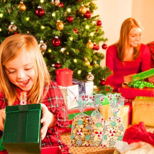 Luktastic Christmas Treat Bags, Christmas Cellophane Bags, 100Pcs Christmas Candy Bags, Cellophane Treat Bags with Twist Ties, Cellophane Gift Bags Cookie Bags Goodie Bags for Xmas Holiday Party Favors Supplies