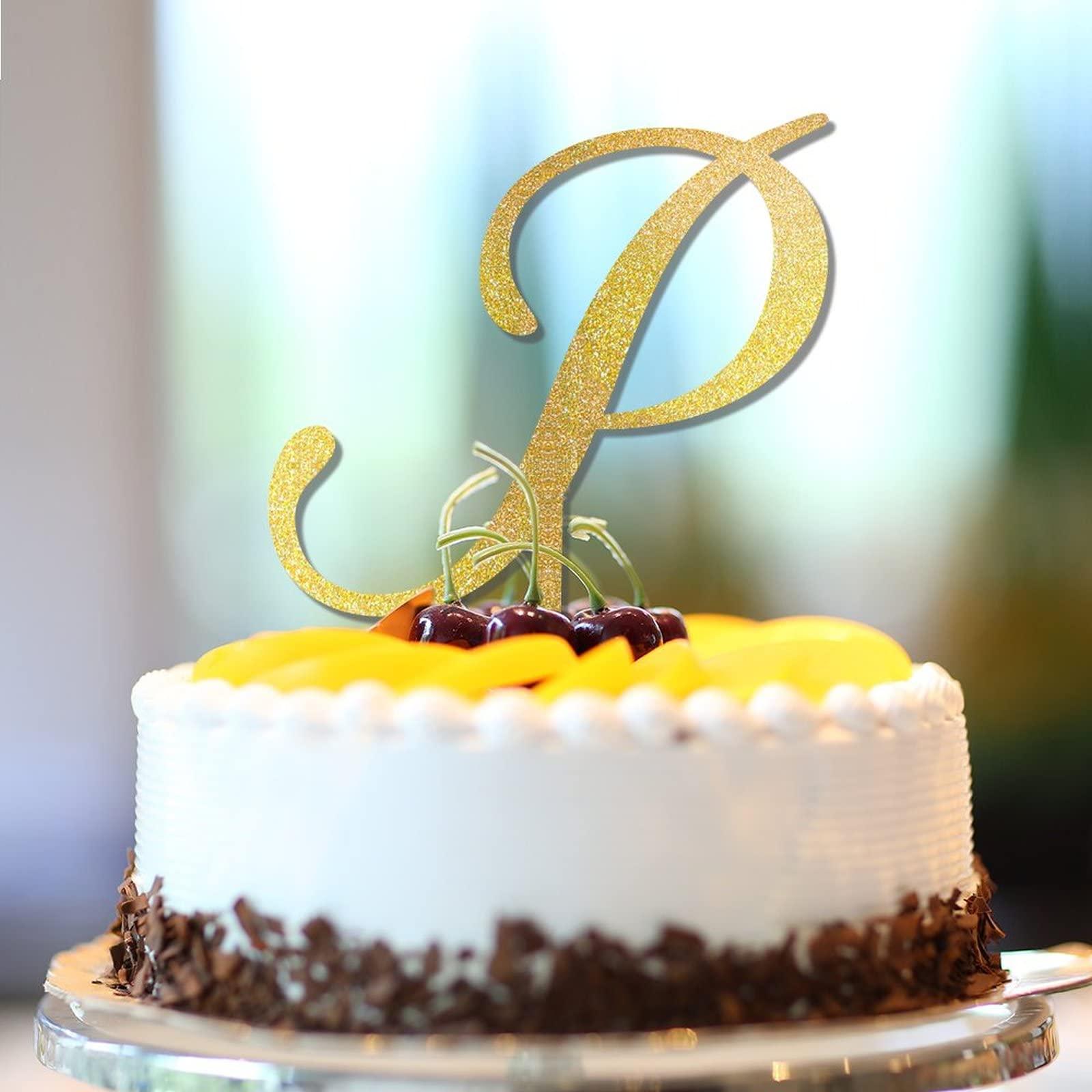 CustonCares Letter P Wedding Cake Topper Monogram Initial Name Glitter Gold For Wedding Engagement Cake Decorations Elegant Laurel Wreath Customize Your Own Cake Topper Bachelorette Gifts