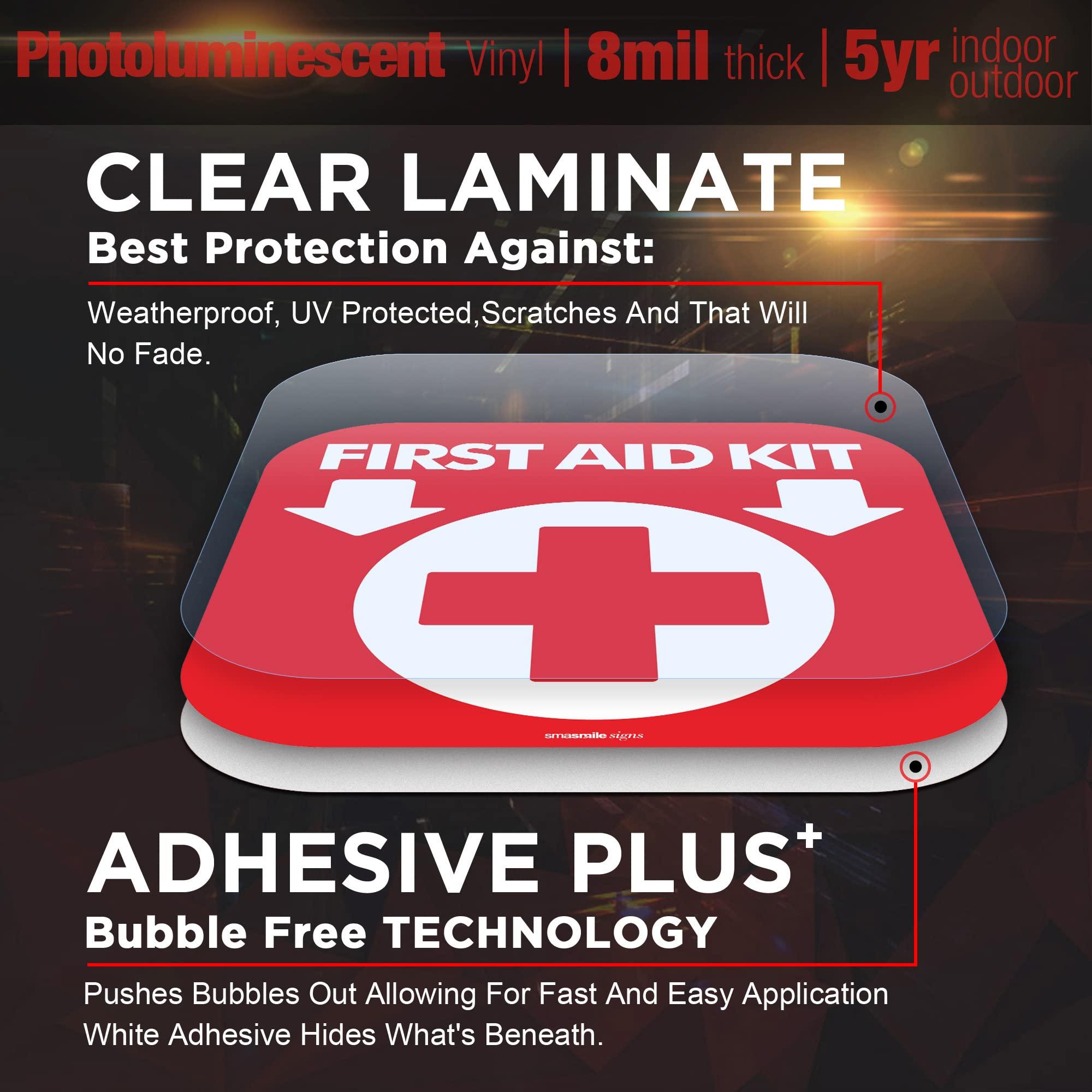 SMASMILE First Aid Kit Sign Glow in The Dark 4 Pack 6\"x 6\"First Aid Kit Inside Signs Stickers Photoluminescent, Glows for Up to 8 Hours
