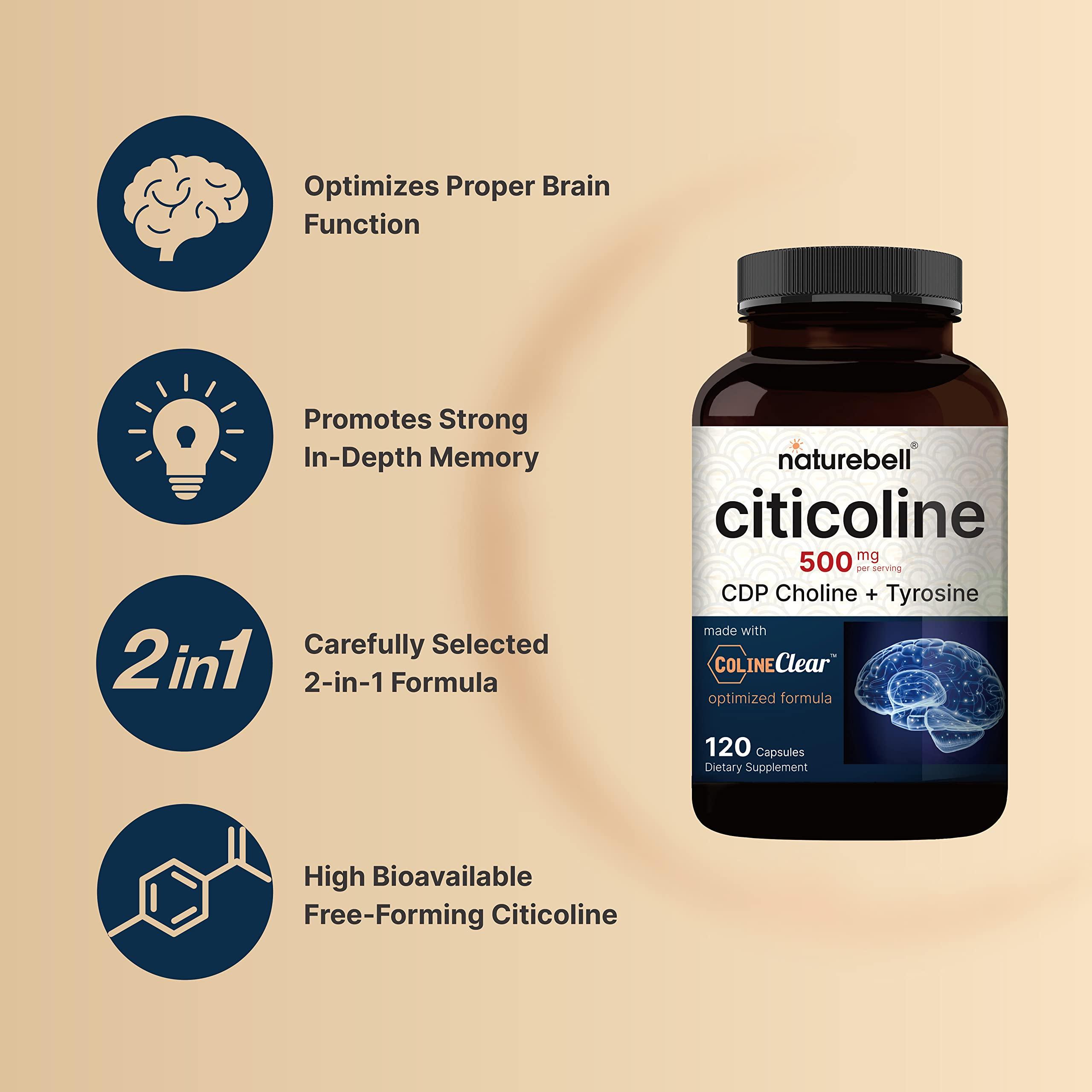 NatureBell NatureBell Citicoline Supplements, CDP Choline, Citicoline 500mg Plus Tyrosine 50mg Per Serving, Optimized Dosage, 120 Capsules, 2 in 1 Formula, Dual Action Brain Supplement, Non-GMO
