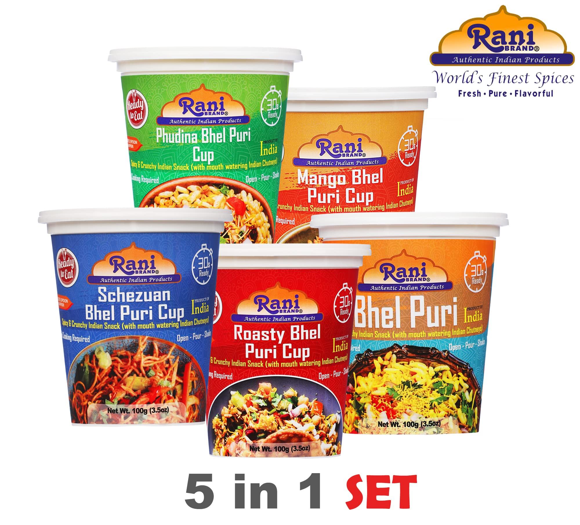 Rani Brand Authentic Indian Products Rani Bhel Puri Cups 5 Flavors-in-1 Set (Regular, Roasty, Mango, Schezuan, Pudina) 3.5oz (100g), Pack of 5 ~ Spicy & Crunchy Indian Snack | Ready to Eat | Vegan | NON-GMO | Indian Origin