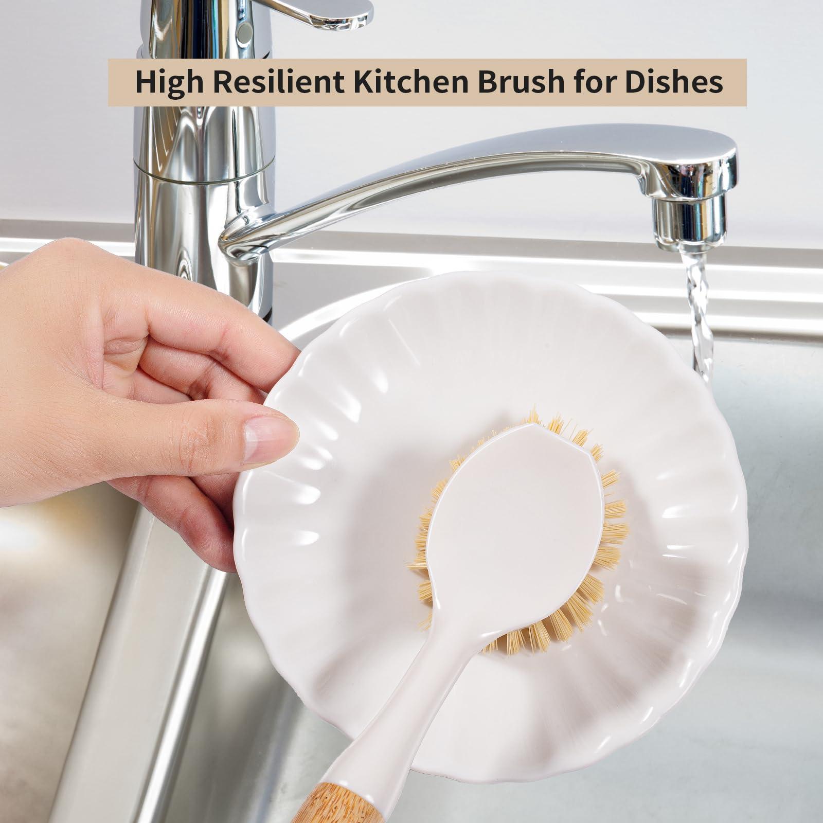 TEZZ Kitchen Dish & Cast Iron Brush with Scraper, [2 Pack] Skillet Scrub Cleaner with Handle, Kitchen Cleaning Scrubber for Dishes, Pots, Cast Iron Skillet, Non-Stick Frying Pans, Sinks and House Cleaning