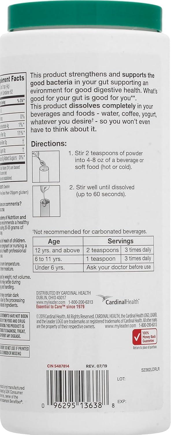 Leader Leader Prebiotic Fiber Supplement Powder for Digestive Health, 100% Natural Daily Fiber Powder, Sugar-Free, Taste-Free, Gluten Free, Non-GMO, Unflavored (Pack of 2)