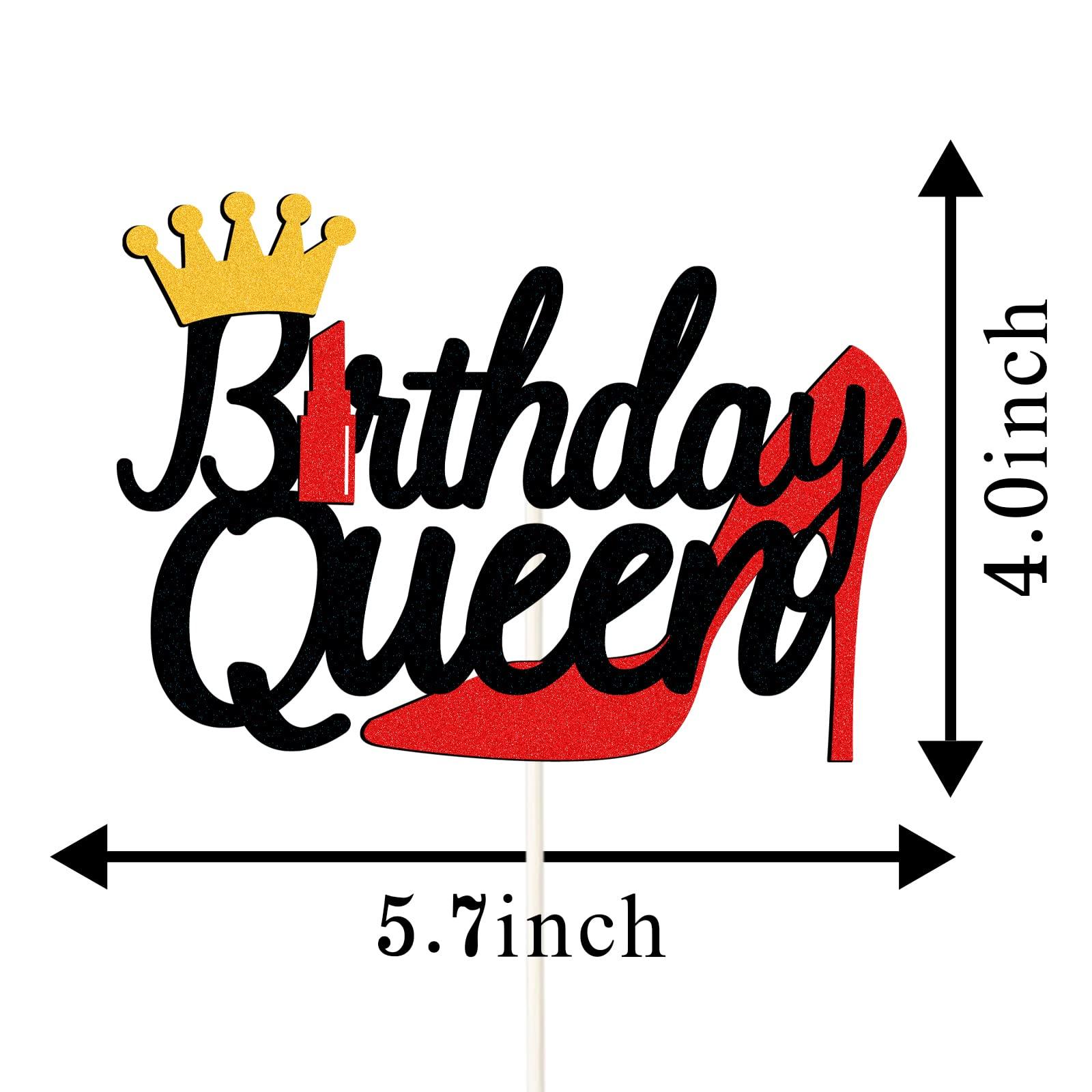 LECAKTO Black Red Glitter Birthday Queen Cake Topper,Lipstick High Heels Queen Theme Cake Decor,Queen Birthday Party Decorations Supplies For Women Girl