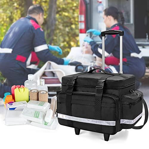 Damero Damero Rolling Medical Bag with Detachable Trolley, Medical Equipment Bag with Removable Pouches and Dividers, First Aid Responder Bag Empty for Home Health Nurses, Doctors, EMT, EMS, Black