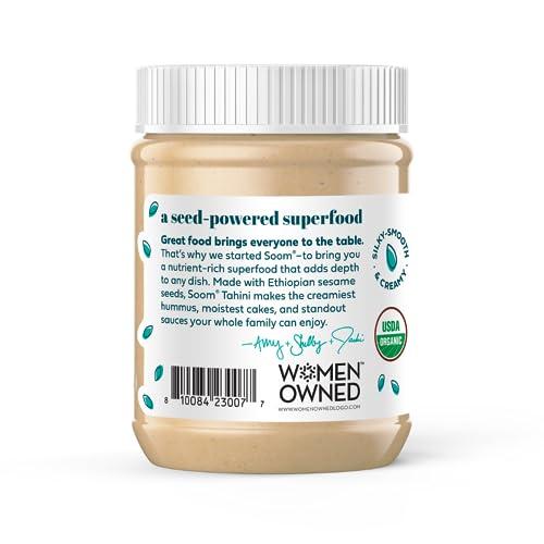 Soom Soom Foods Organic Tahini 11oz (2 Pack) | Roasted & Ground Sesame Seed Paste | Creamy Texture for Hummus, Sauces, Dips, Dressings | Vegan, Peanut-Free, Nut-Free, Gluten-Free, Dairy-Free, Keto, Paleo, Kosher | All-Natural