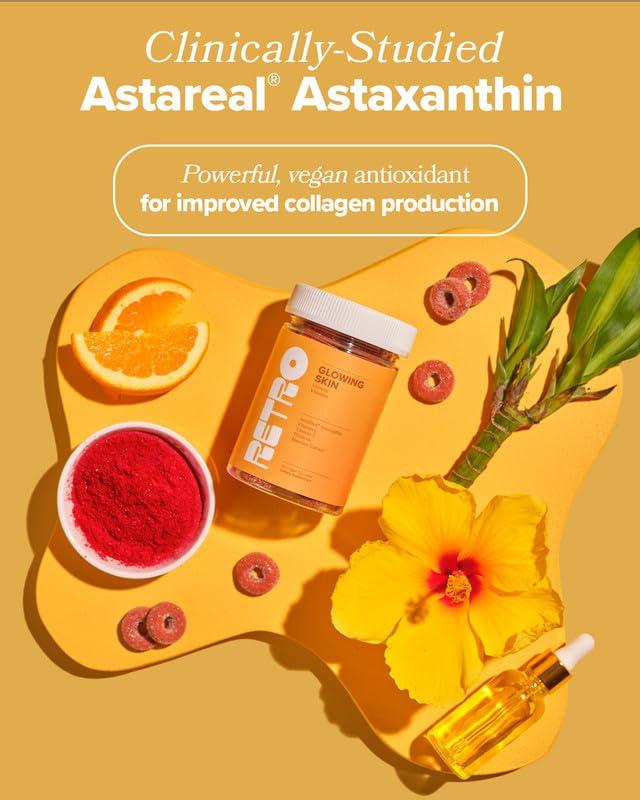 O Positiv RETRO Gummy Glowing Skin Vitamins for Collagen Production - Astaxanthin, Vitamin E, Bamboo Extract, Hibiscus, & Vitamin C - Vegan Skin Vitamin Gummies for Smooth Skin & Hydration, 50 Count (Pack of 1)