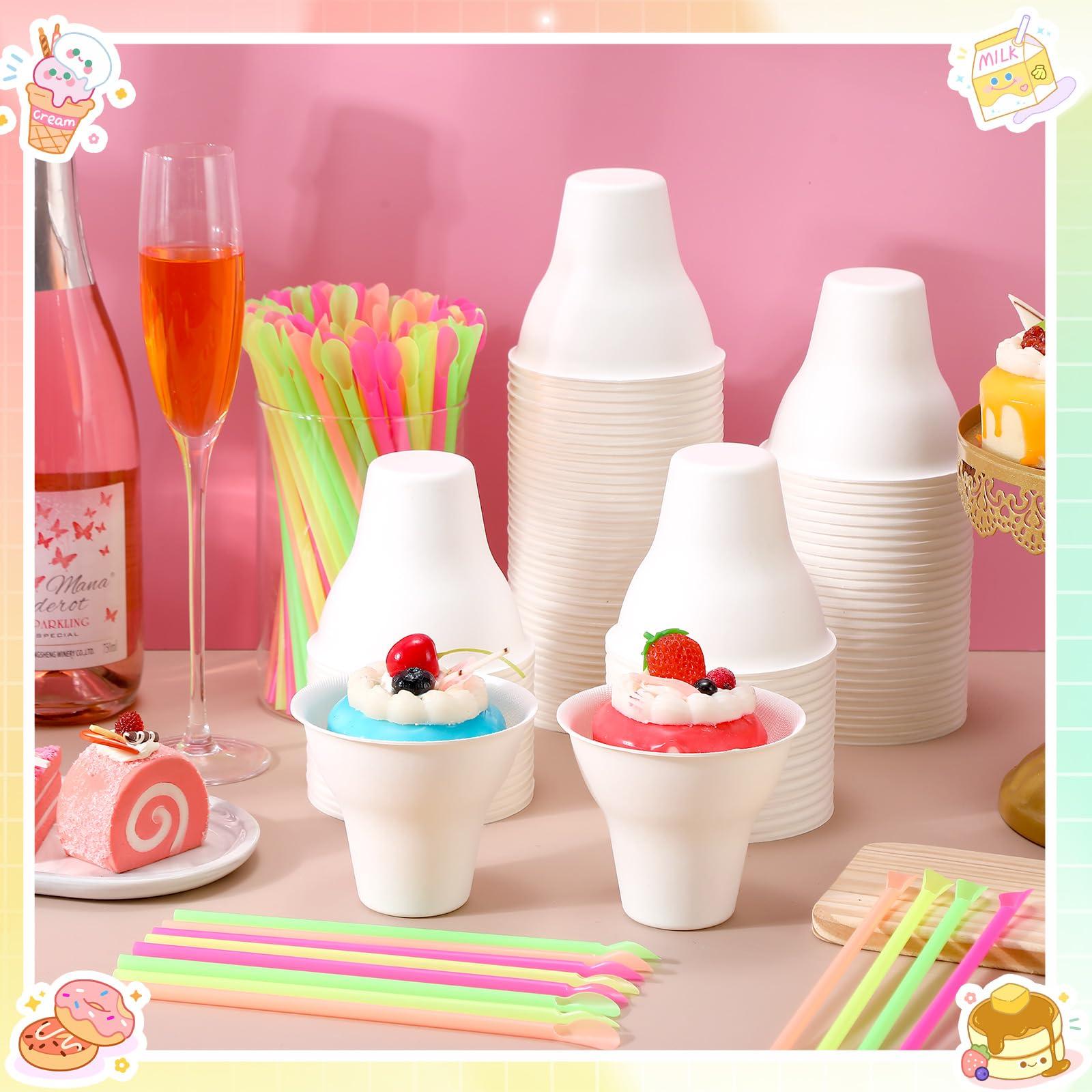 FoldTier FoldTier 100 Set Snow Cone Cups and Straws Set 12 oz Shaved Ice Cups Colorful Snow Cone Straws Ice Cream Bowls Thicken Paper Cone Cups for Wedding Birthday Party Food Holiday Summer Cookout