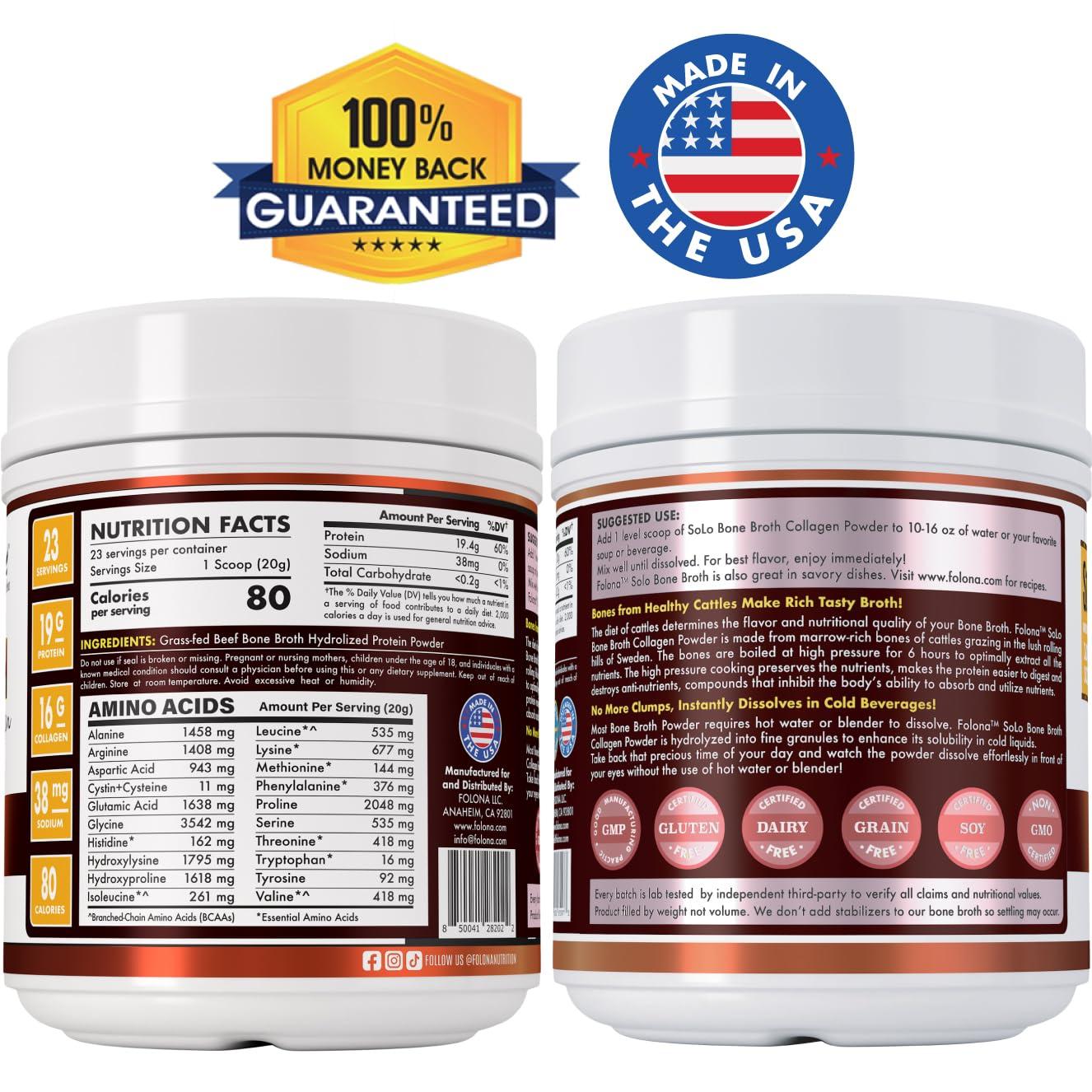 FOLONA Solo Bone Broth Protein Collagen Powder Low Sodium, 16g Hydrolyzed Collagen Type I & III, for Healthy Skin, Nails, Hair, Joints & Digestion, Grass Fed, 1 lb (Canister - Net Wt. 1 lb. Powder)