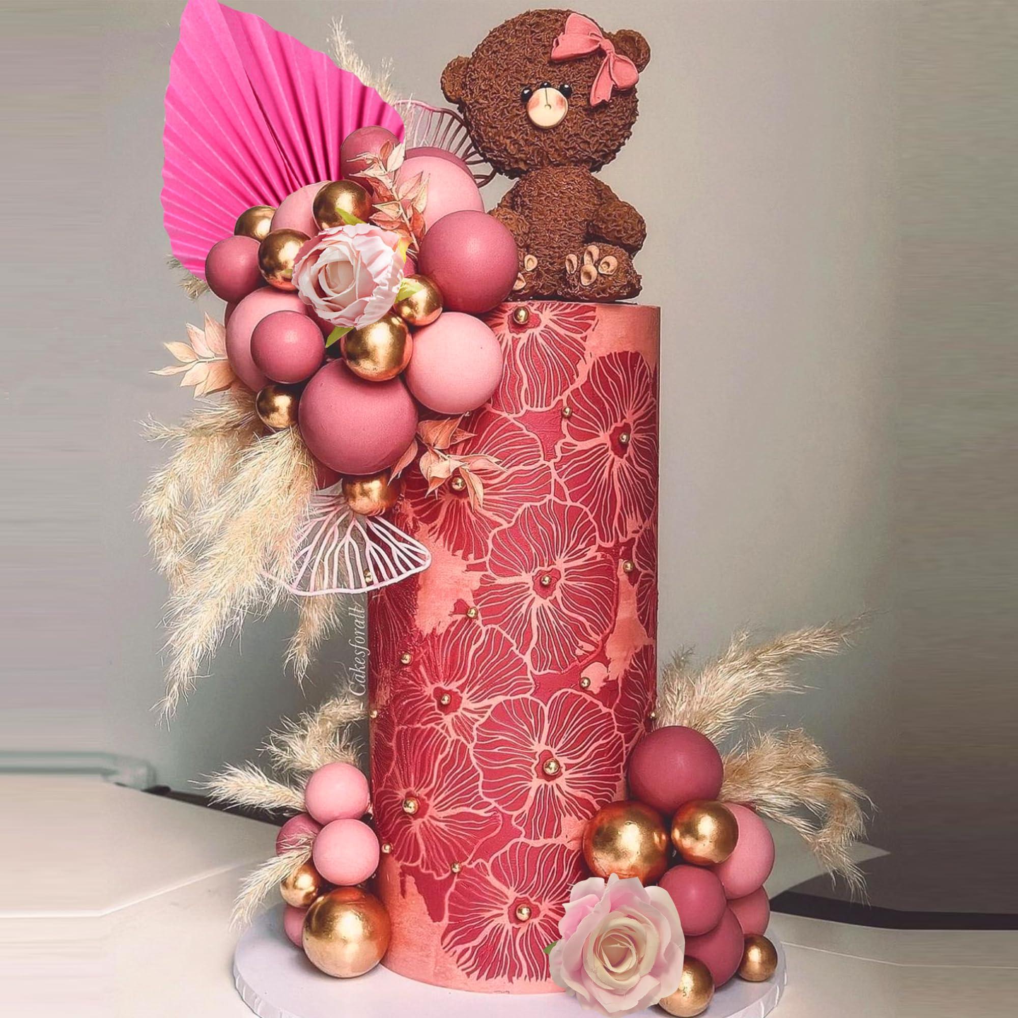 LEFUBABY Boho Flower Cake Toppers Balls Cake Decorations with Butterflies for Birthday Party Wedding Baby Shower Boho Themed Party Supplies (Hot Pink)