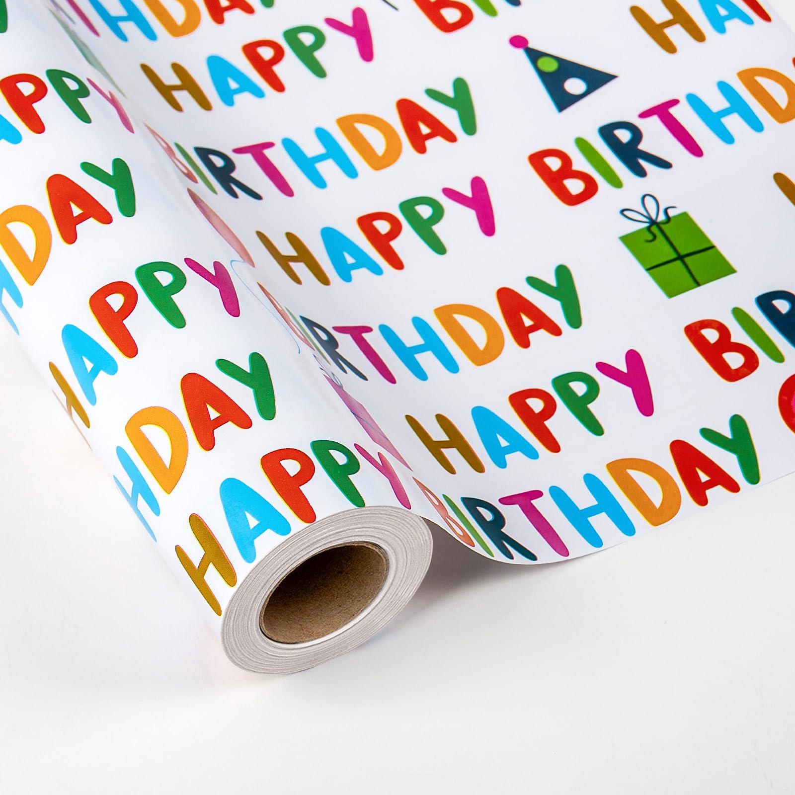 MAYPLUSS MAYPLUSS Birthday Mini Wrapping Paper Roll-46.8sqft. White with Colorful Happy Birthday Lettering, Gift Box for Birthday, Baby Shower, Party-17in x 33ft