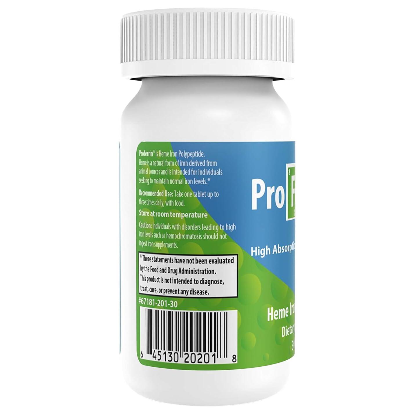 Proferrin Proferrin ES- 10.5mg of high Absorbing Heme Iron Polypeptide. Made in The USA. 30 Tablets. Easy on The Gut. Not affected by Coffee, Calcium, or PPI's.