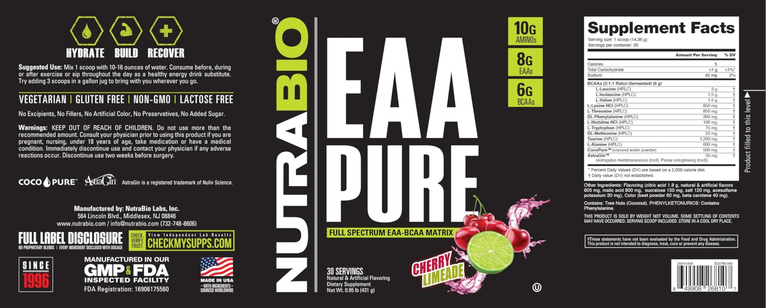 NutraBio NutraBio EAA Pure 9 Amino Acids Muscle Repair and Recovery, 30 Servings, Cherry Limeade Pre or Post Workout All Day Recovery