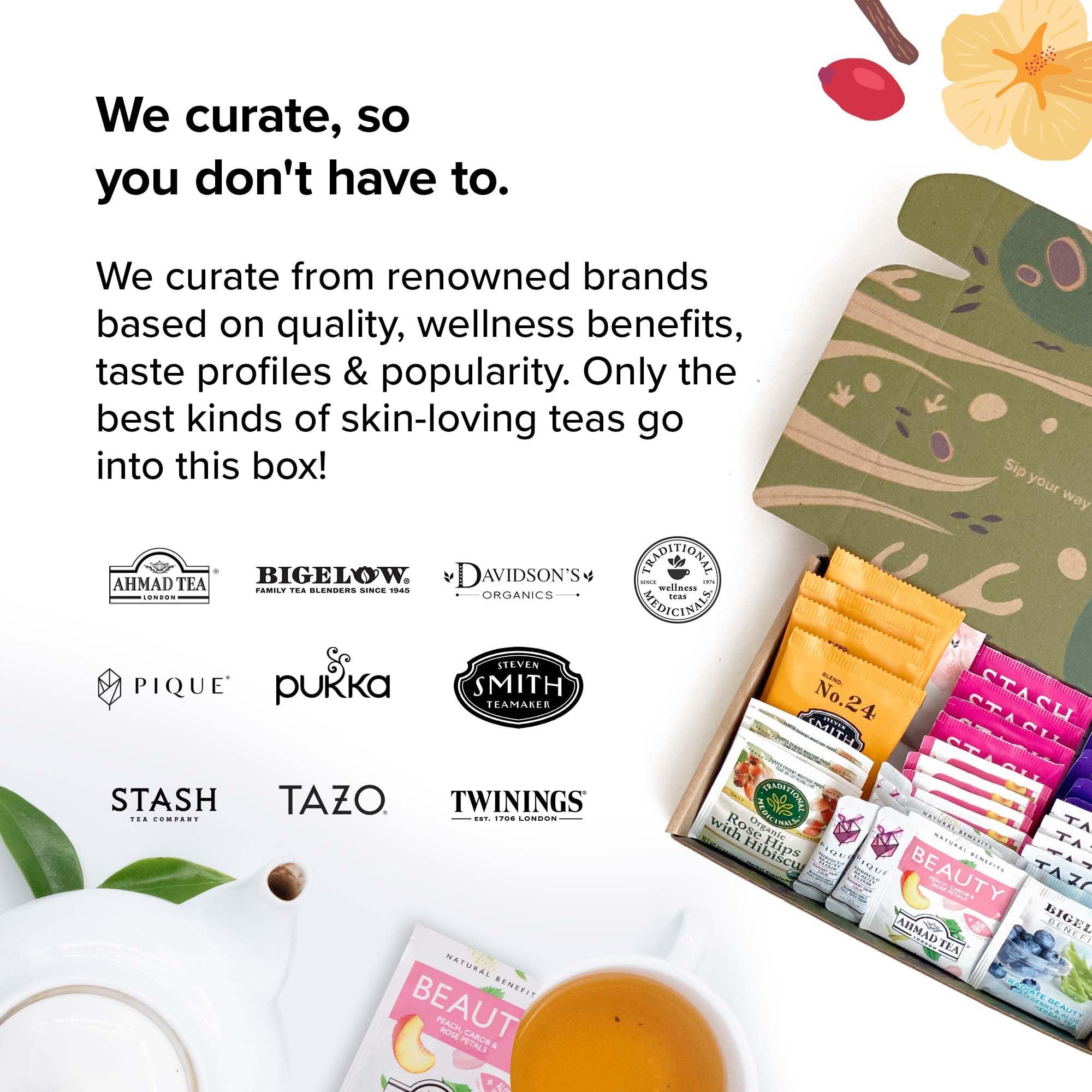 Sippingly Skin Glow Wellness Tea Sampler - 40 Tea Bags, 10 Flavors - Hibiscus, Rosehip, Aloe Vera, Licorice Root - Vegan, Gluten-Free, Organic Herbal Tea Gift for Skincare Lovers, Skin Detox and Clear Skin Tea