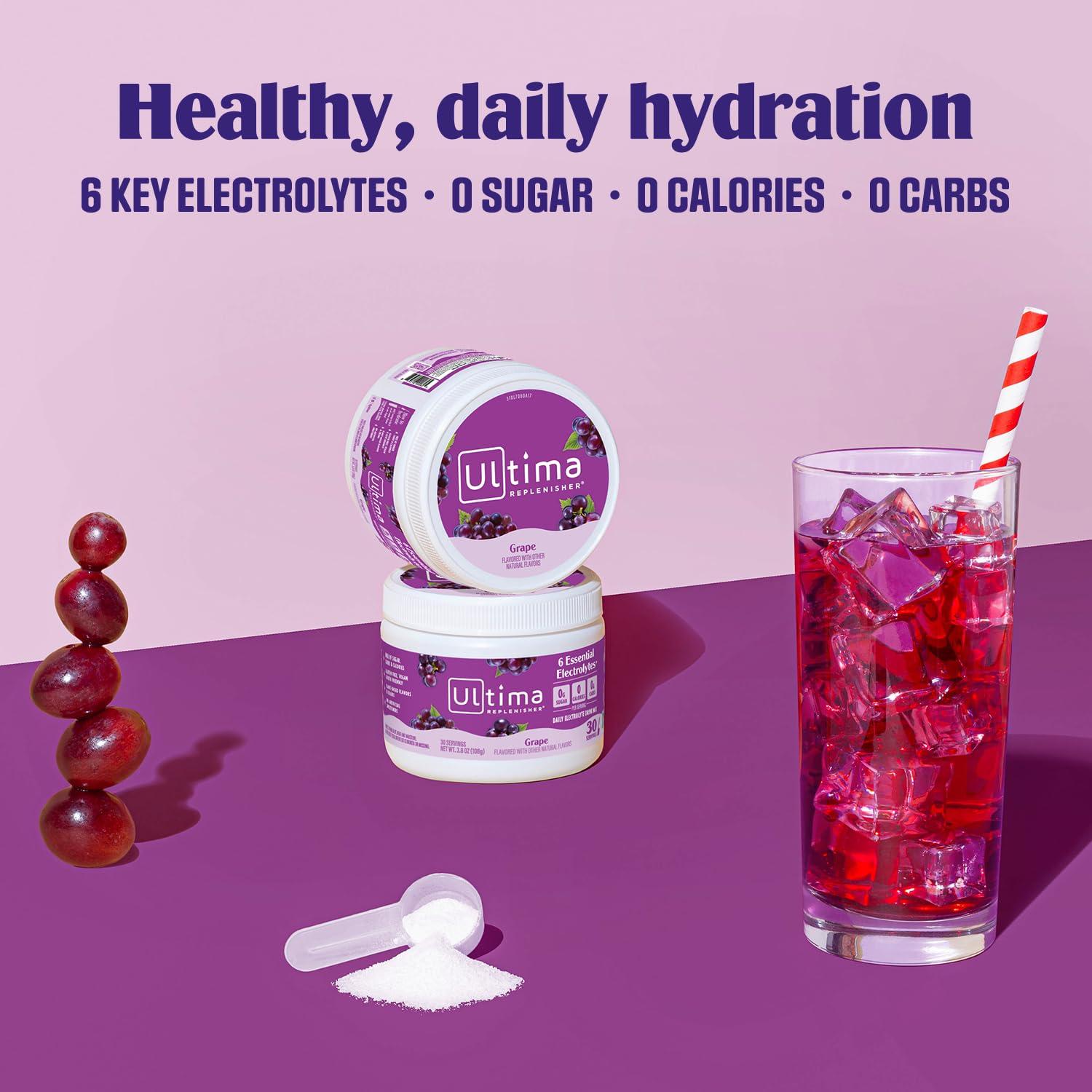 Ultima Replenisher Ultima Replenisher Electrolyte Powder Drink Mix Bundle  Grape, 30 Serving Canister and 20 Stickpacks  6 Electrolytes and Minerals  Keto Friendly, Vegan, Non-GMO and Sugar-Free
