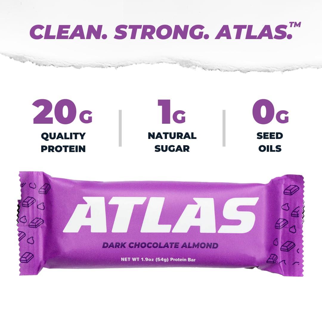 Atlas Protein Bar Atlas Protein Bar, 20g Protein, 1g Sugar, Clean Ingredients, Gluten Free (Dark Chocolate Almond, 12 Count (Pack of 2))