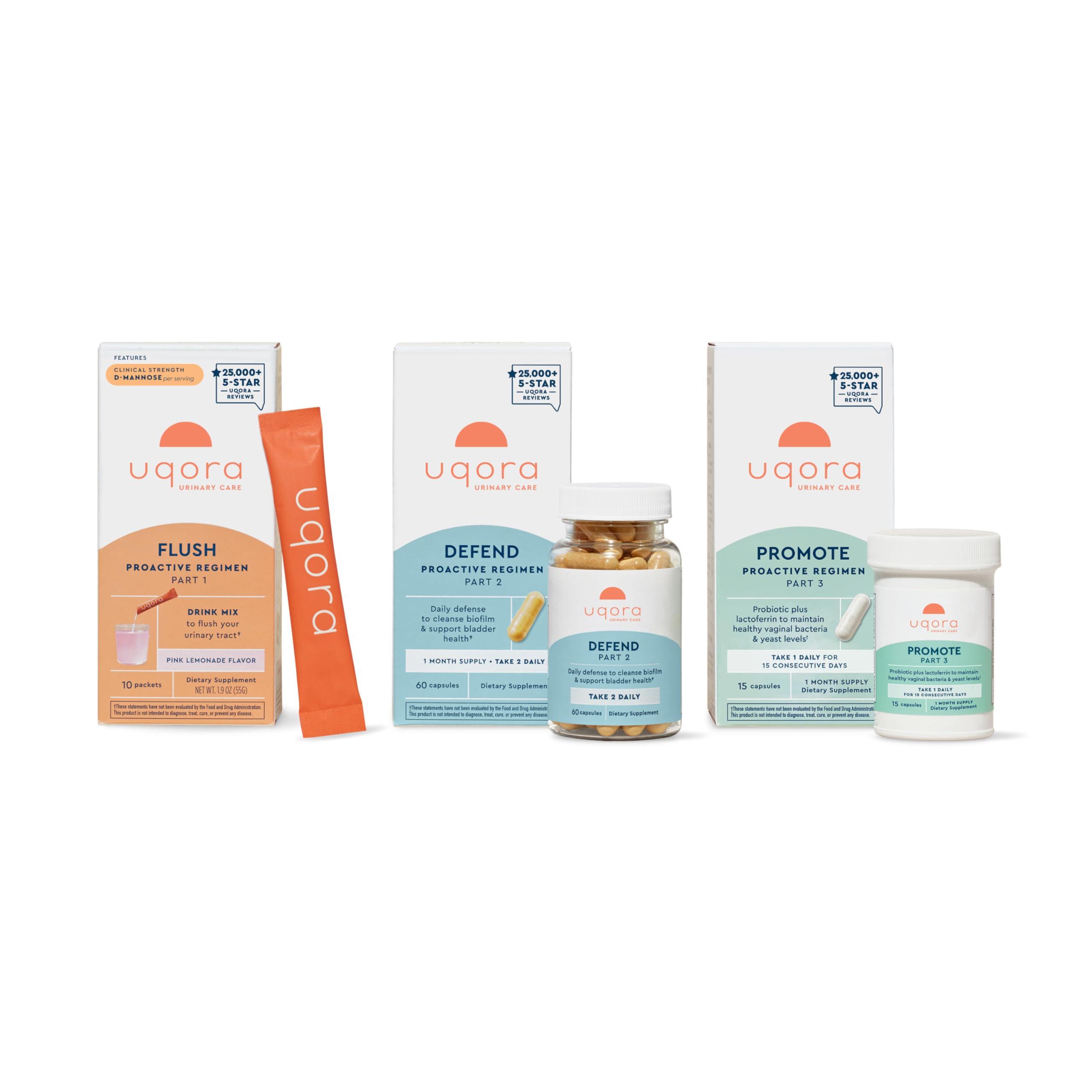 Uqora Uqora Complete Regimen with Flush, Defend & Promote - Urinary Tract Support with D-Mannose, Vitamin C, Green Tea Extract, Probiotics & More - Comprehensive Bladder Health Support* - 3-Part Bundle