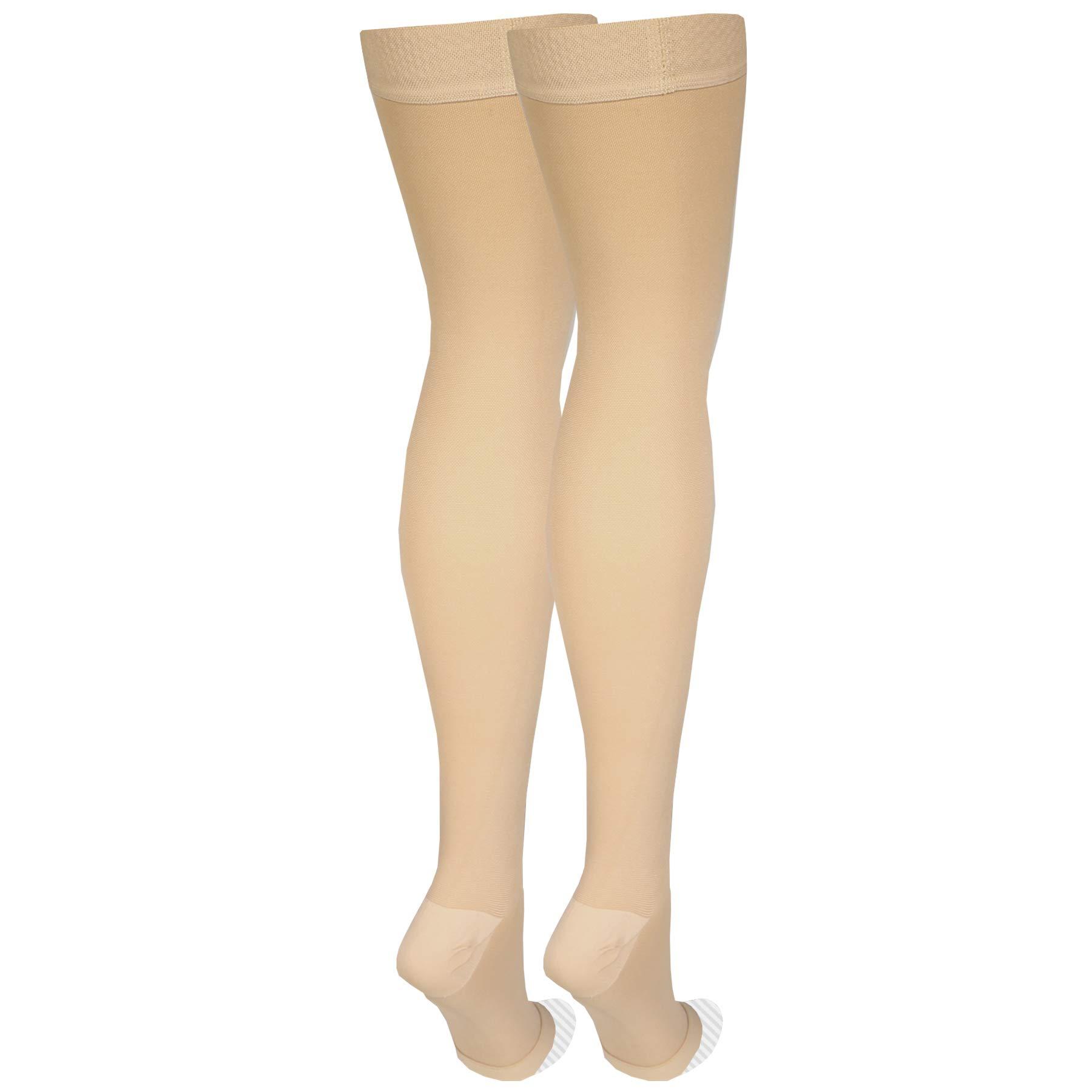 Amazon Basic Care Amazon Basic Care Medical Compression Stockings, 20-30 mmHg Support, Women & Men Thigh Length Hose, Open Toe, Beige, Large (Previously NuVein)