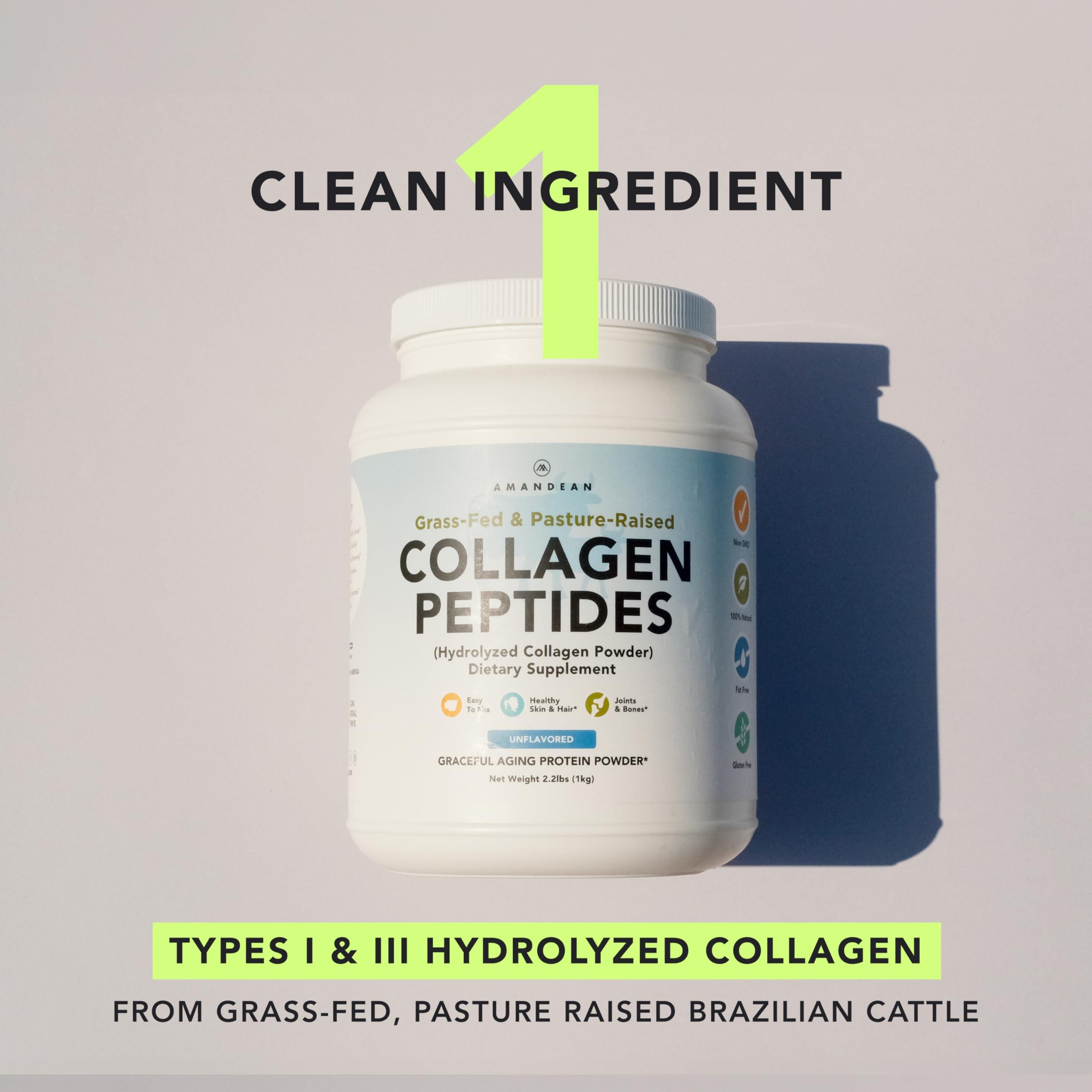 AMANDEAN AMANDEAN Collagen Peptides Powder 1kg. Grass-Fed, Enzymatically Hydrolyzed, Type 1 & 3. Agglomerated, Easy to Mix, Unflavored, Non-GMO. Protein with 18 Amino Acids for Healthy Skin, Hair, Nails.