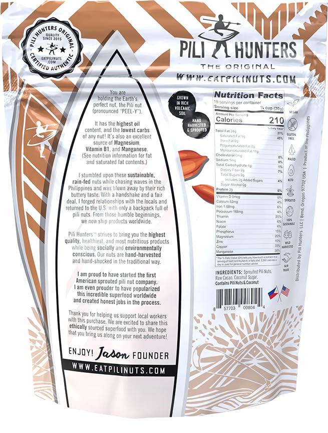 Pili Hunters Pili Hunters Wild Sprouted Pili Nuts - Raw Cacao & Organic Coconut Sugar - Paleo & Vegan Keto Snack for Low Carb Energy - Gluten & Dairy Free Superfood - Non-GMO - As Seen on Shark Tank - (16 oz Bag)