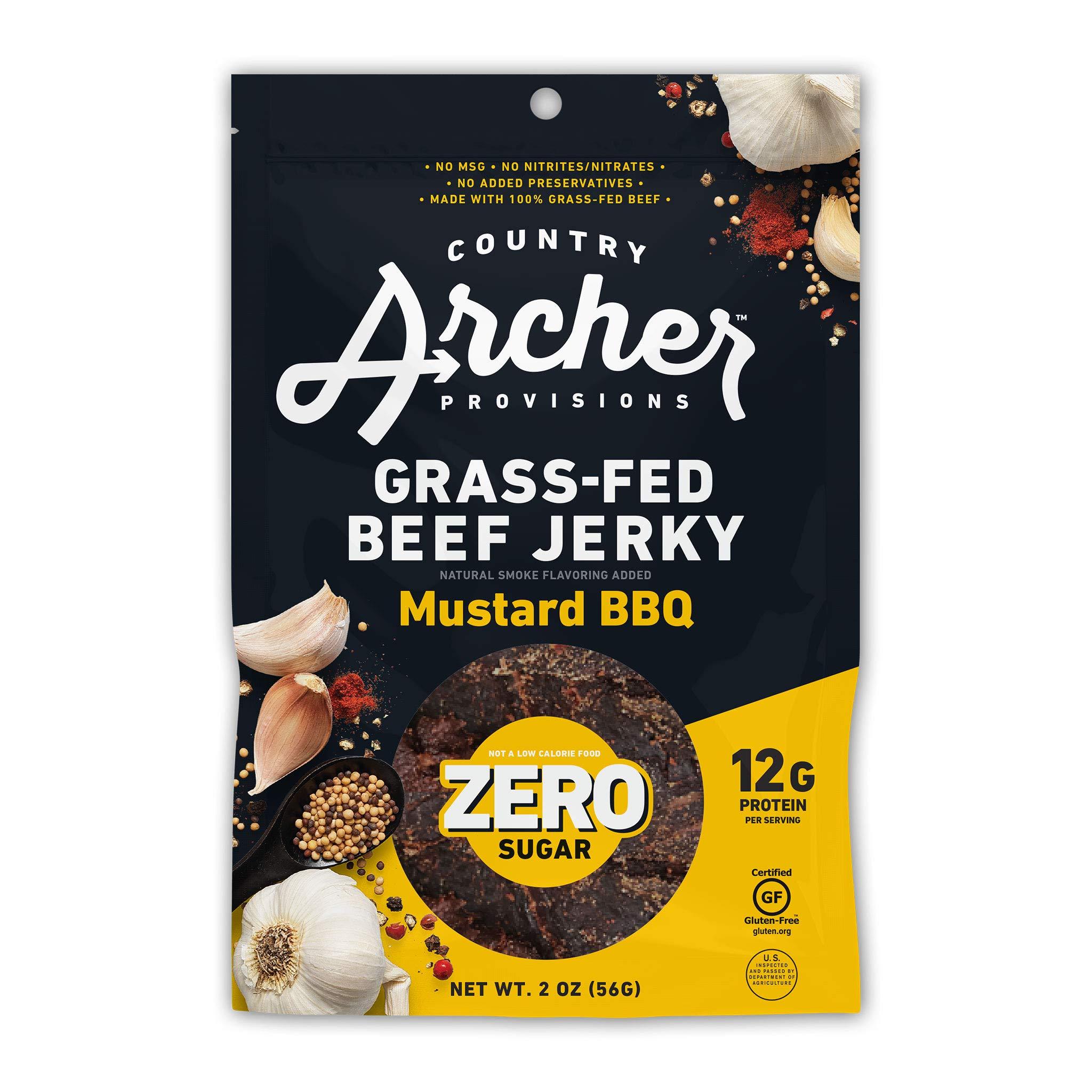 Country Archer Country Archer Grass Fed Beef Jerky Mustard BBQ - Zero Sugar Beef Jerky, Sugar Free Beef Jerky Snack Pack, Mustard BBQ Beef Jerky Bulk, Individual Beef Jerky Pack, Gluten Free, Paleo- 2 oz (Pack of 6)